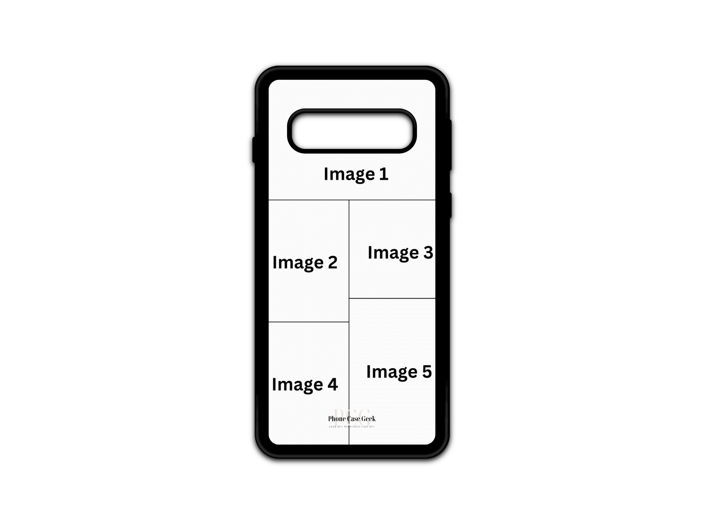 Template for 5 Photo Collage Custom Phone Case for Samsung Galaxy S10 with customizable photo placeholders.