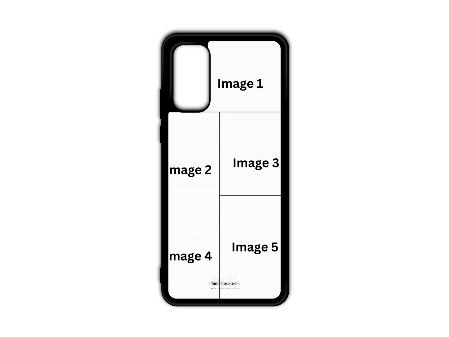 Template of a 5 Photo Collage Custom Phone Case for Samsung Galaxy S20, S20 FE, and S20 Ultra with customizable photo placeholders.