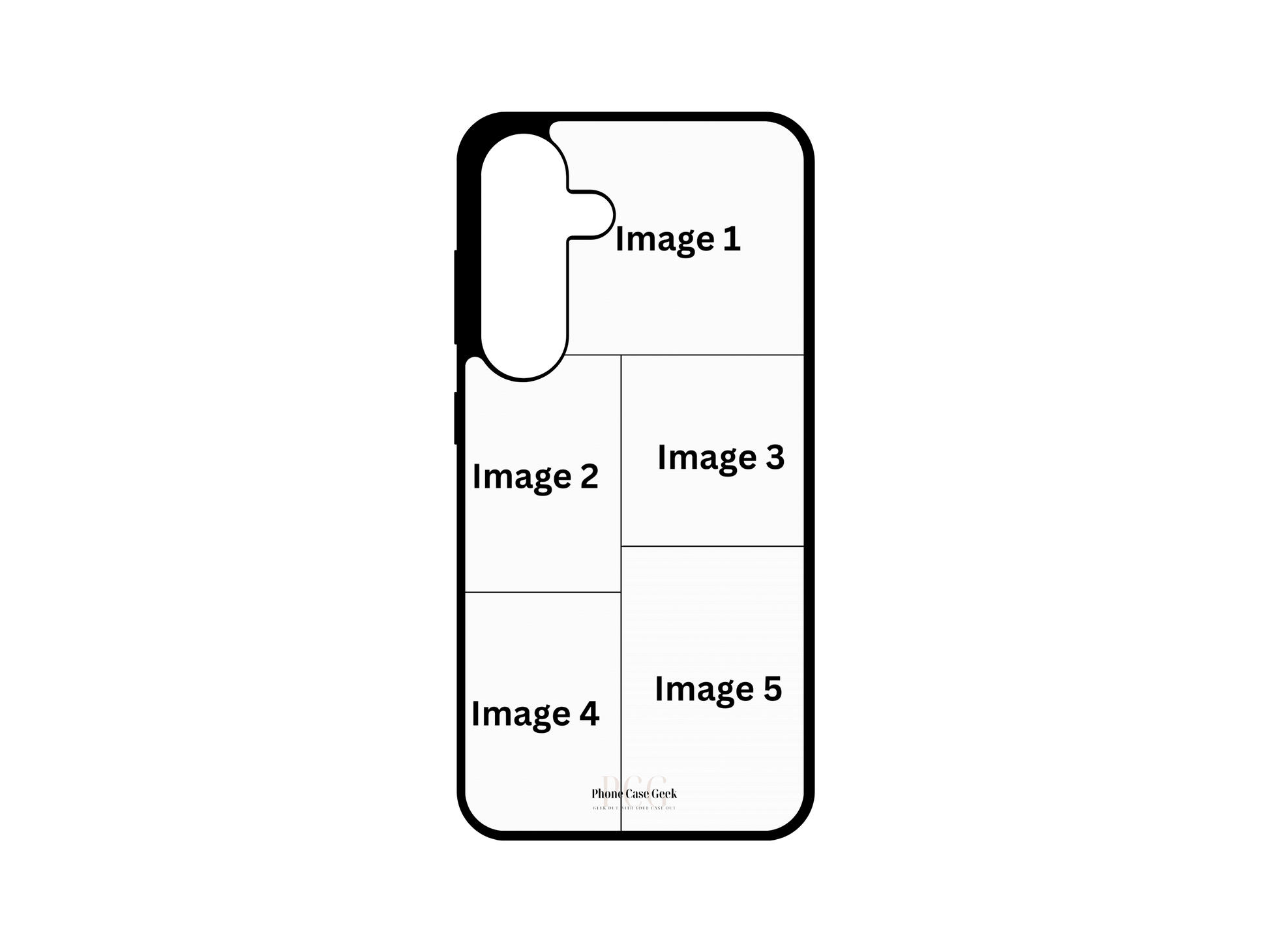 5 Photo Collage Custom Phone Case Template for Samsung Galaxy S24, S23, S22, S21 with customizable photo placeholders.