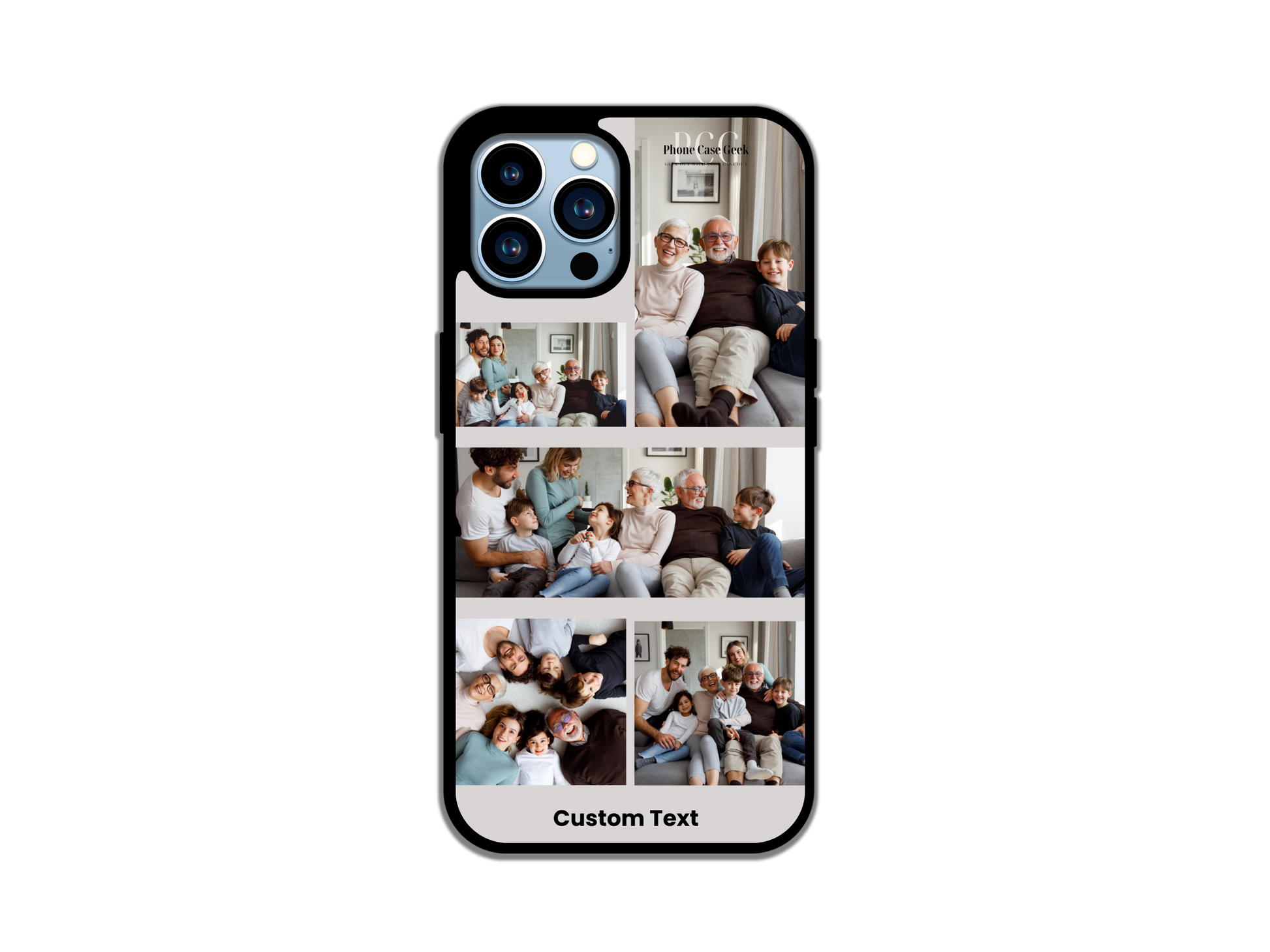 Example of a 5 photo collage & text custom phone case for iPhone with gray background, showcasing a beautiful family image and personalized design options.