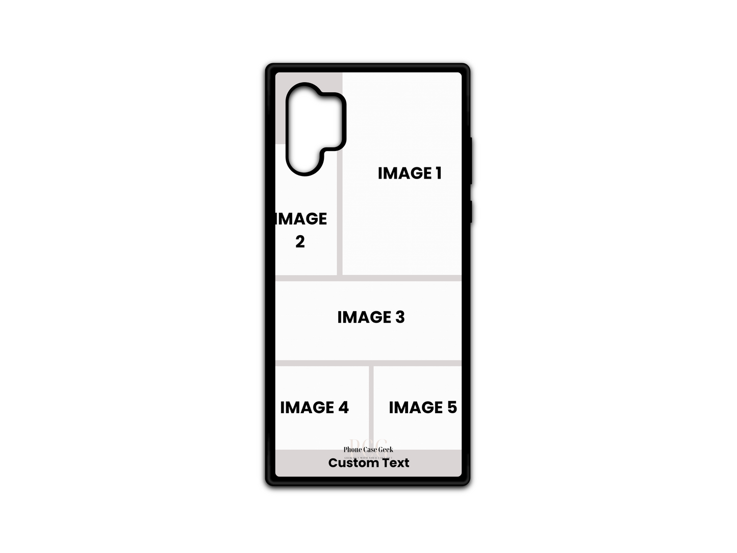 Template for 5 Photo Collage & Text Custom Phone Case for Samsung Galaxy Note 10 with customizable photo slots and text area.