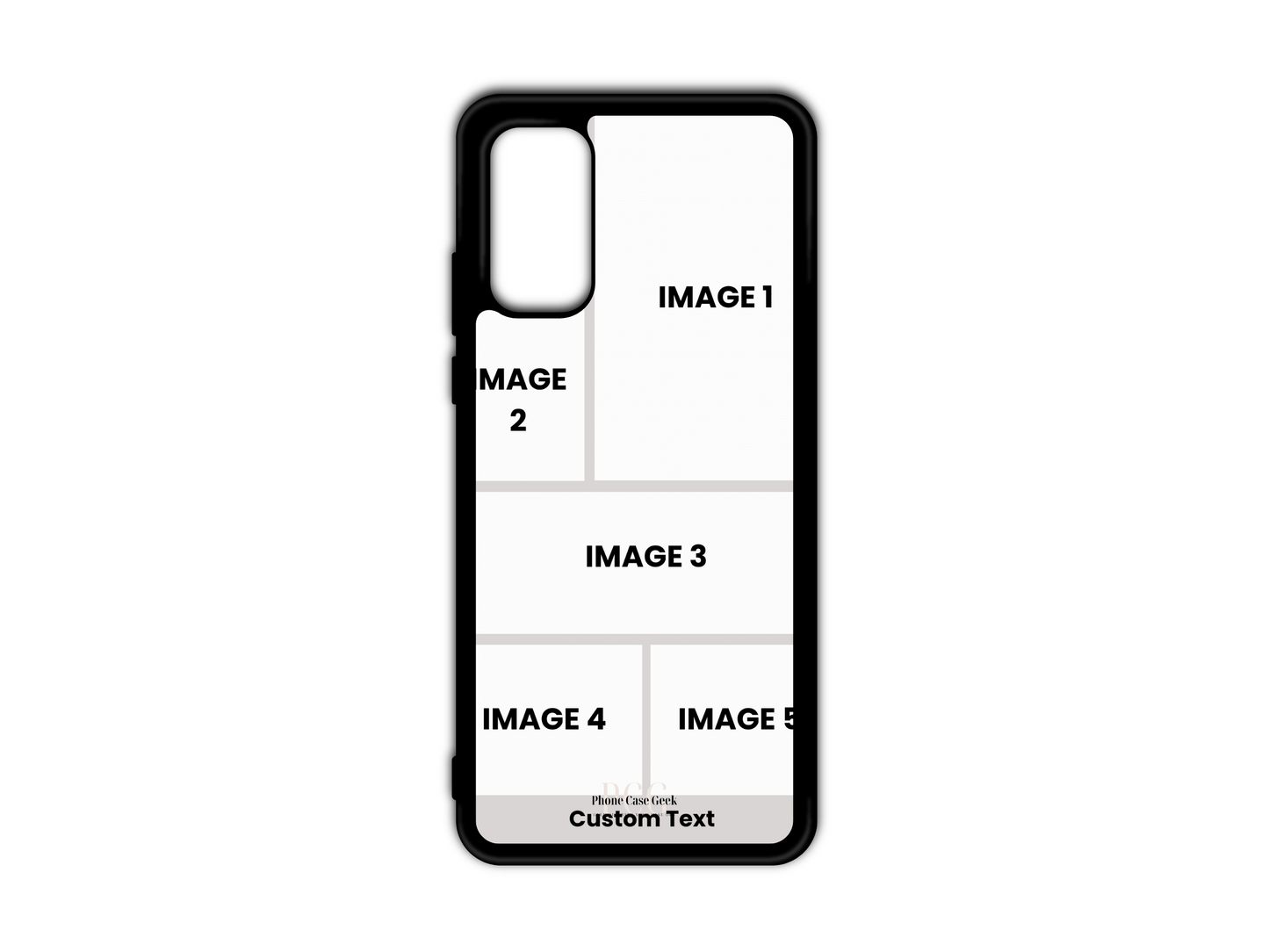 Template for 5 Photo Collage & Text Custom Phone Case for Samsung Galaxy S20, S20 Ultra, S20 FE with photo slots and customizable text area.