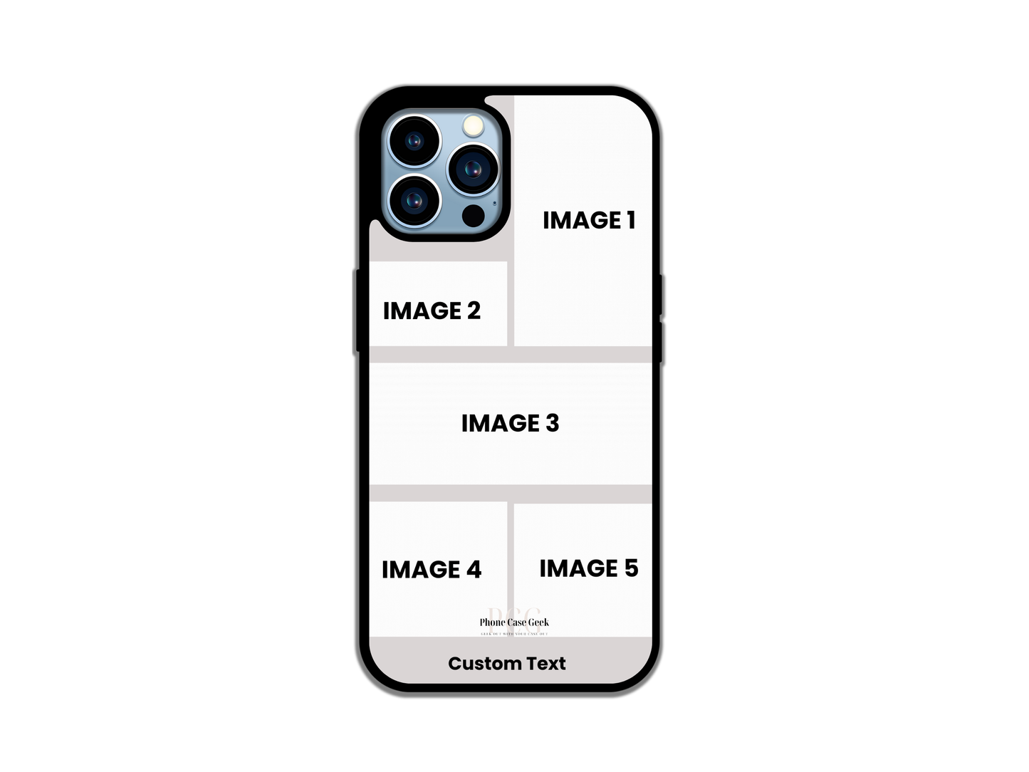 Template layout for a 5 photo collage & text custom phone case for iPhone, demonstrating design and photo placement options for customization.