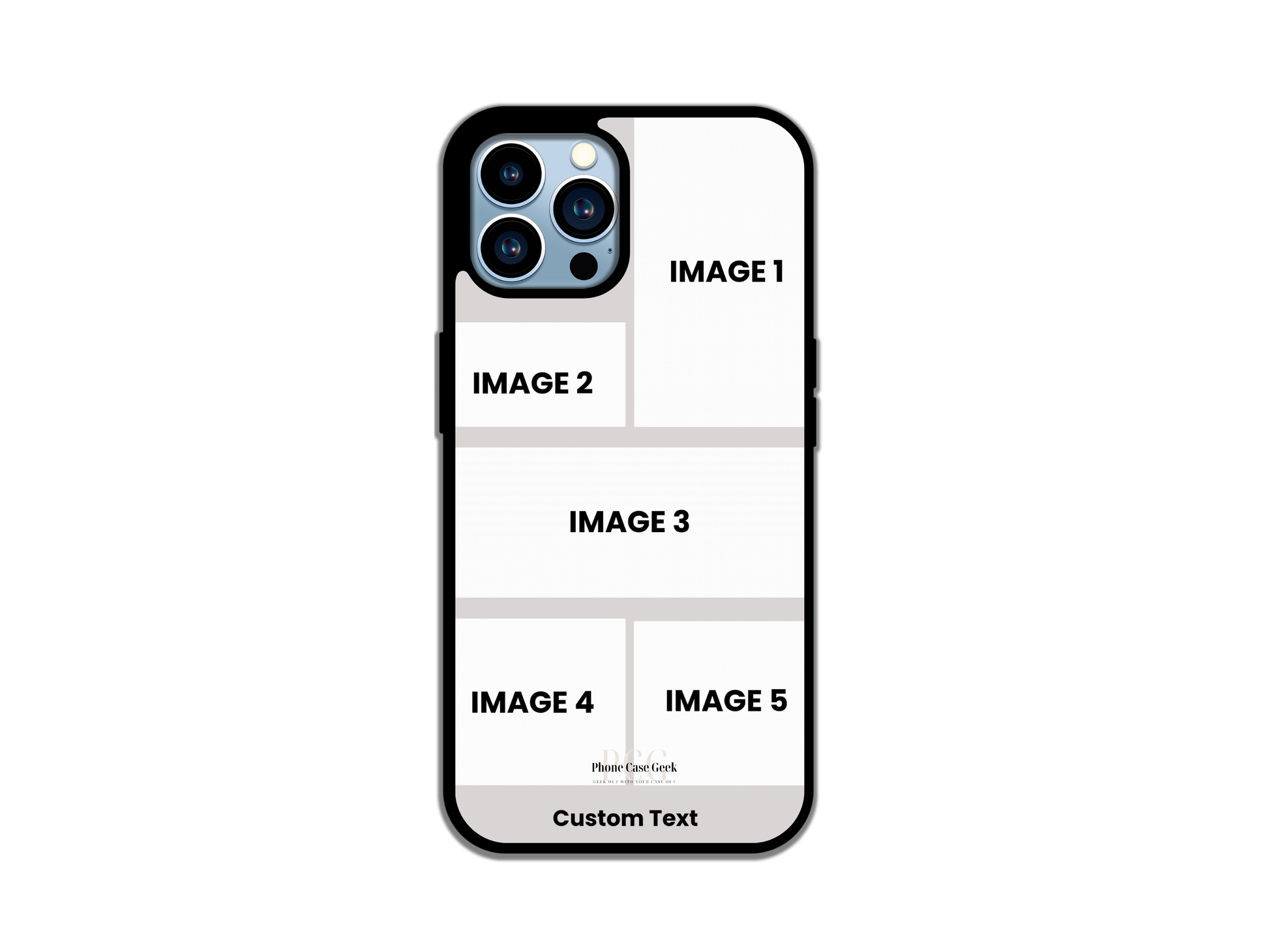 Template layout for a 5 photo collage & text custom phone case for iPhone, demonstrating design and photo placement options for customization.