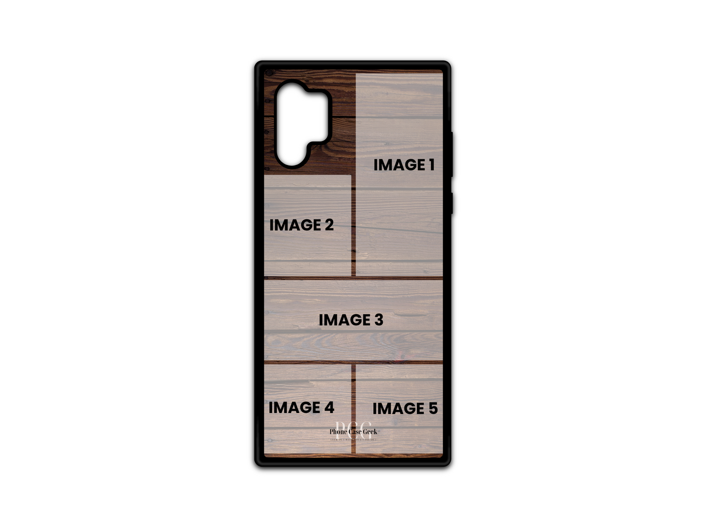 Template for 5 Photo Collage Wood Pattern Custom Phone Case for Samsung Galaxy Note 10 showcasing photo placements.