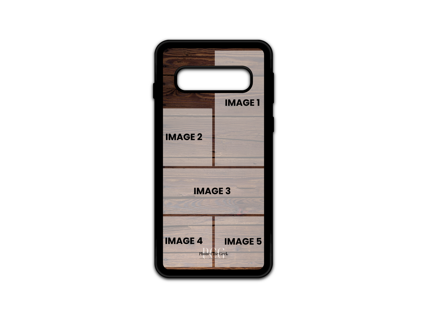 Template for 5 Photo Collage Wood Pattern Custom Phone Case for Samsung Galaxy S10 showcasing photo placements.