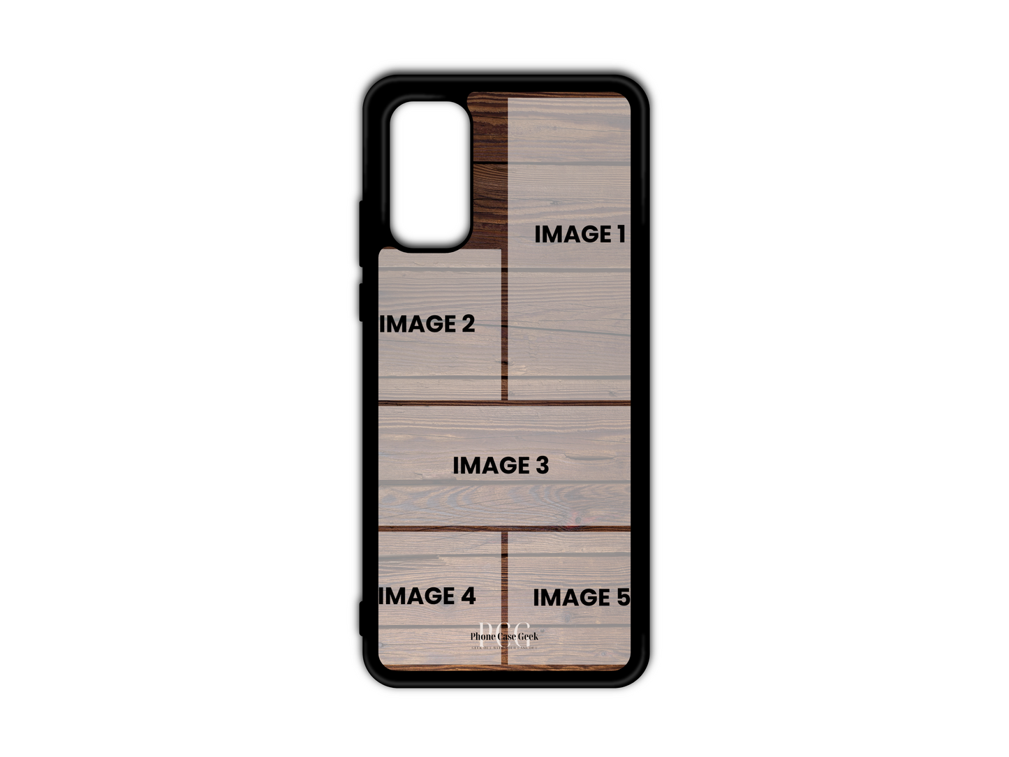 Template for 5 Photo Collage Wood Pattern Custom Phone Case for Samsung Galaxy S20, S20 Ultra, and S20 FE showcasing photo placement.