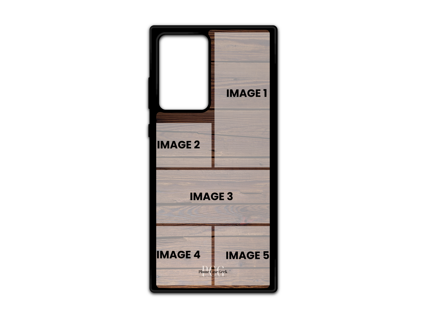 Template for 5 Photo Collage Wood Pattern Custom Phone Case for Samsung Galaxy S21 Ultra, Note 20, and Note 20 Ultra showcasing photo placement.