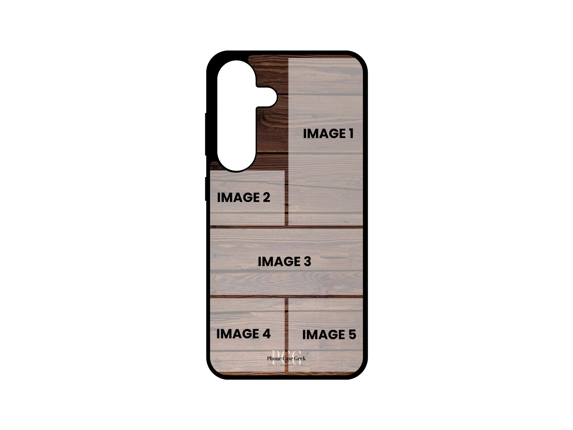 Template for 5 Photo Collage Wood Pattern Custom Phone Case for Samsung Galaxy S24, S23, S22, S21 showing photo placements.