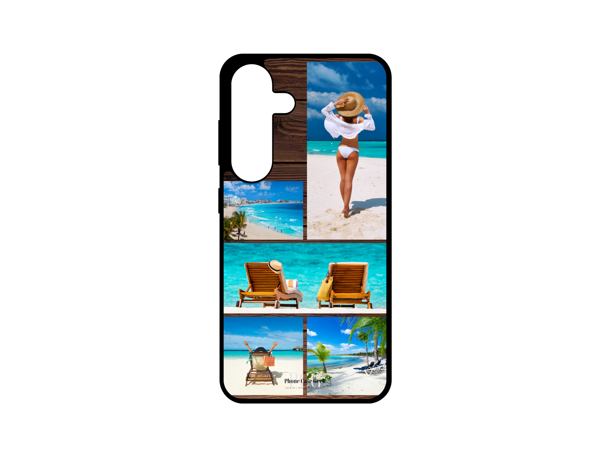 Example of 5 Photo Collage Wood Pattern Custom Phone Case for Samsung Galaxy S24, S23, S22, S21 with vacation images of a woman.