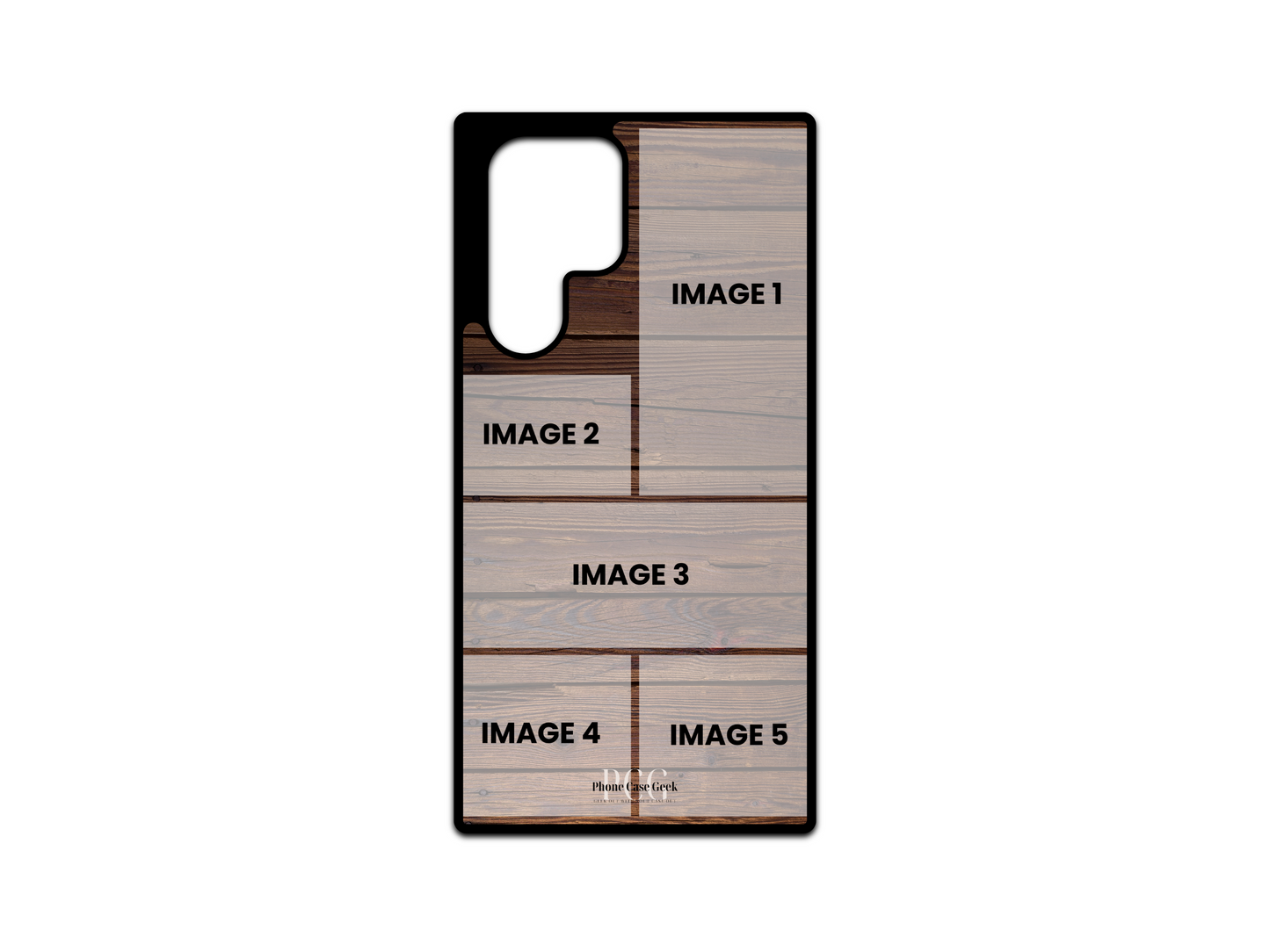 Template for 5 Photo Collage Wood Pattern Custom Phone Case for Samsung Galaxy S24 Ultra, S23 Ultra, S22 Ultra showcasing photo placements.