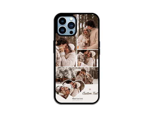 Example of a 6-photo collage custom phone case for iPhone featuring a couple in winter, showcasing personalized photo arrangement with heart design at the bottom.