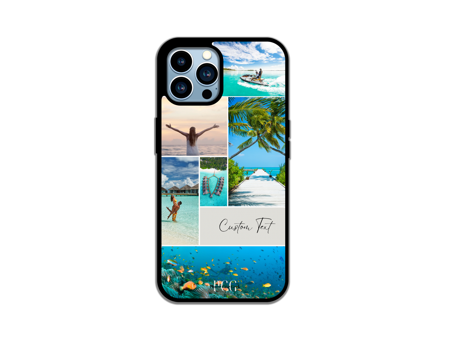 Example of a 6-photo collage custom phone case for iPhone featuring a woman enjoying her summer vacation, highlighting personalized photo arrangement with vibrant colors.