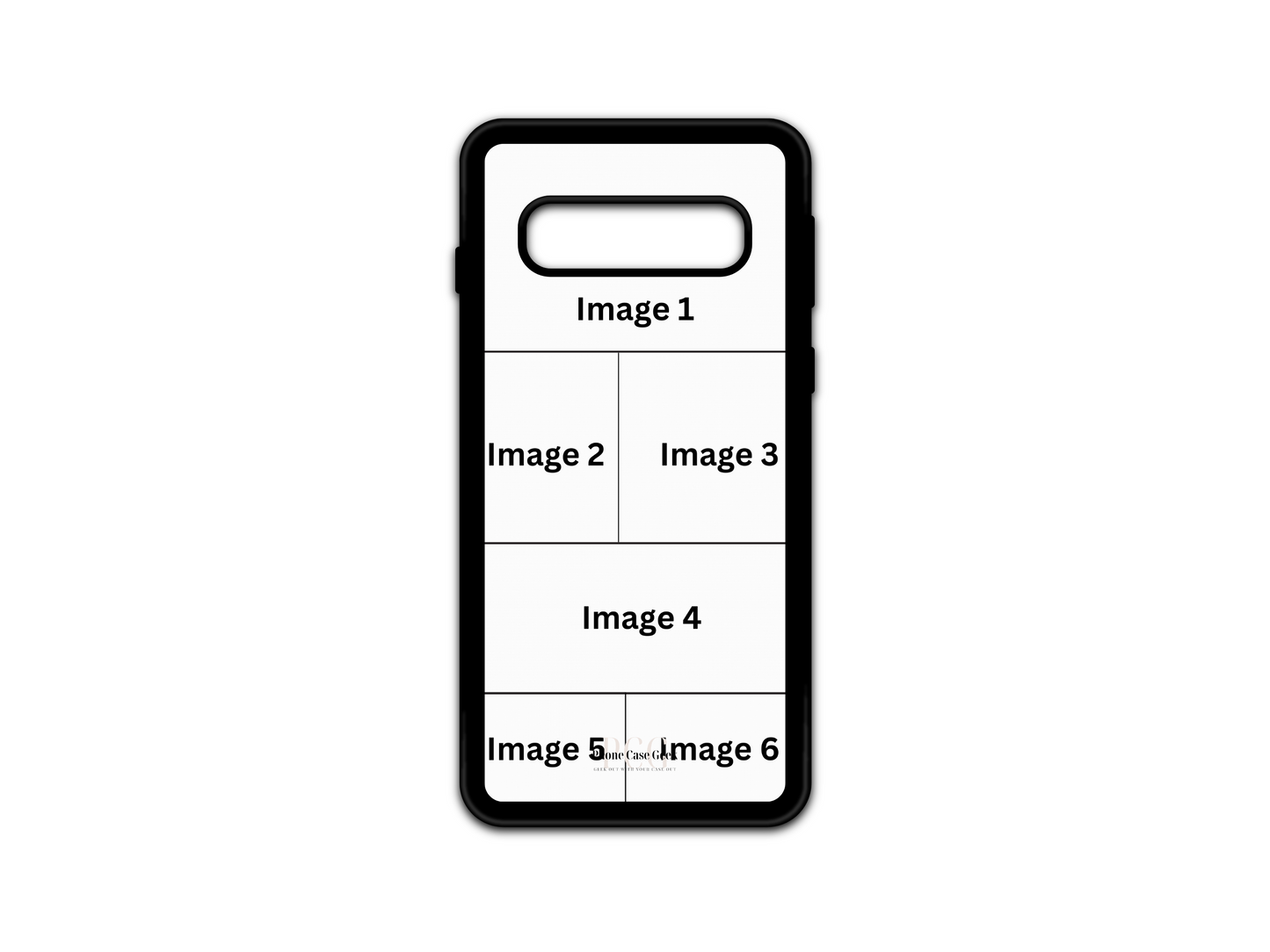 Template for 6 Photo Collage Custom Phone Case for Samsung Galaxy S10, featuring designated photo placement for personalized designs.