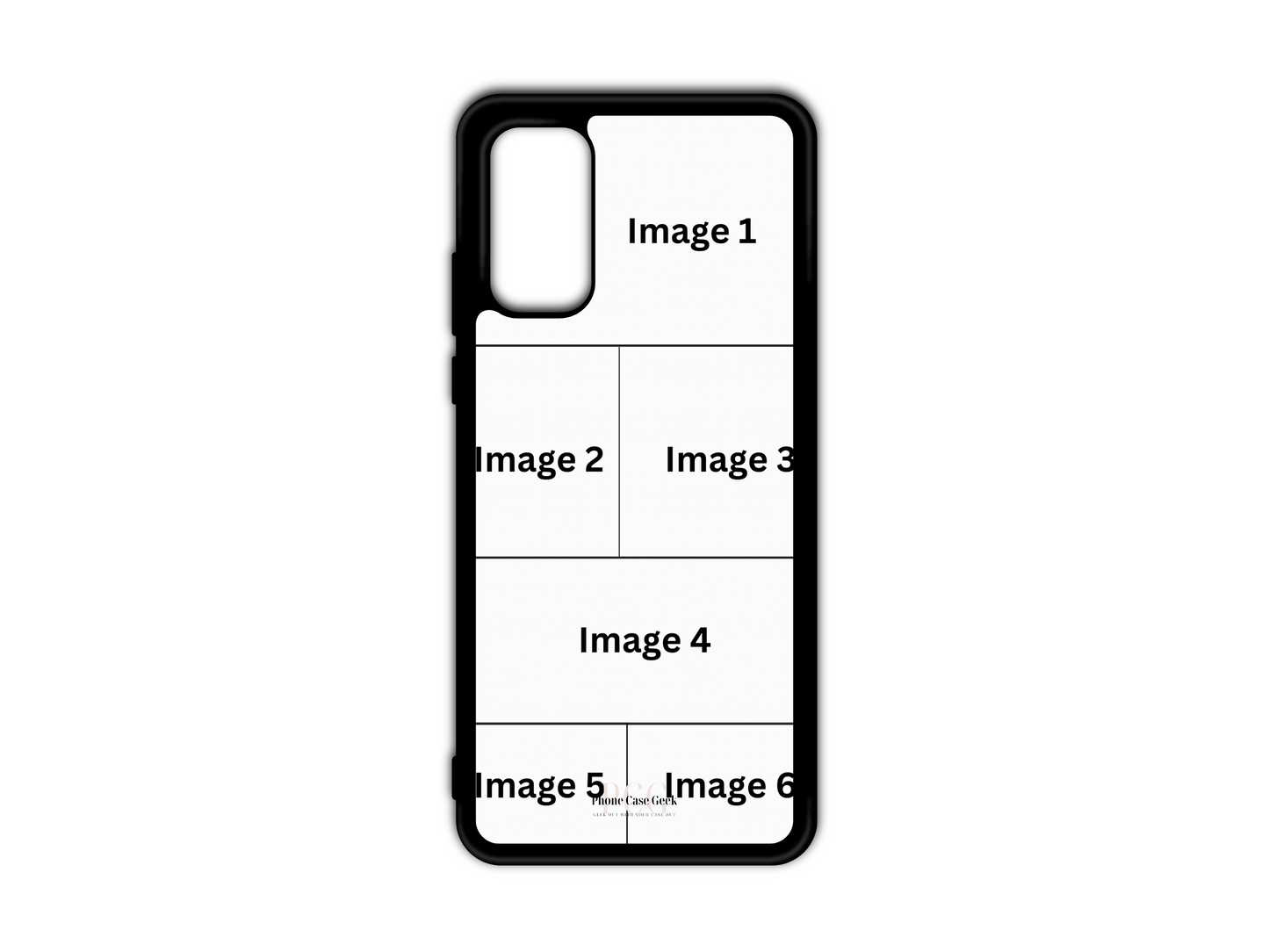 Template for 6 Photo Collage Custom Phone Case for Samsung Galaxy S20, S20 Ultra, and S20 FE, with photo placement areas for personalized designs.