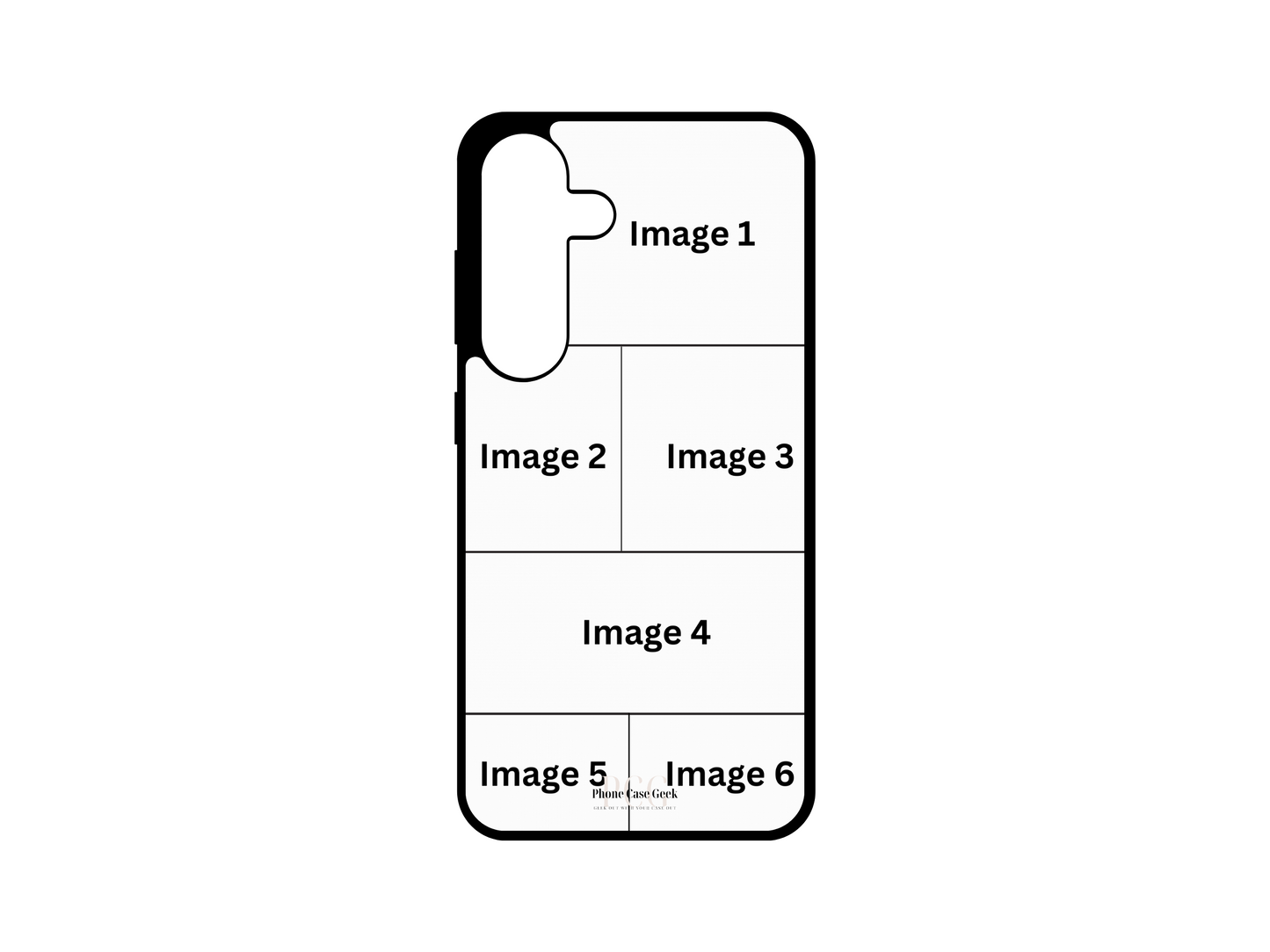 Template for 6 Photo Collage Custom Phone Case for Samsung Galaxy S24, S23, S22, S21, showcasing photo placement for personalized designs.