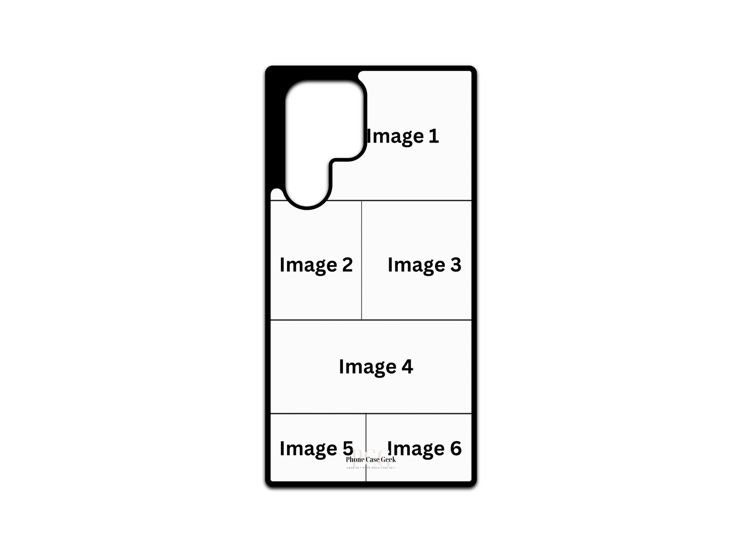 Template for 6 Photo Collage Custom Phone Case for Samsung Galaxy S24 Ultra, S23 Ultra, S22 Ultra, with designated photo placement for custom designs.