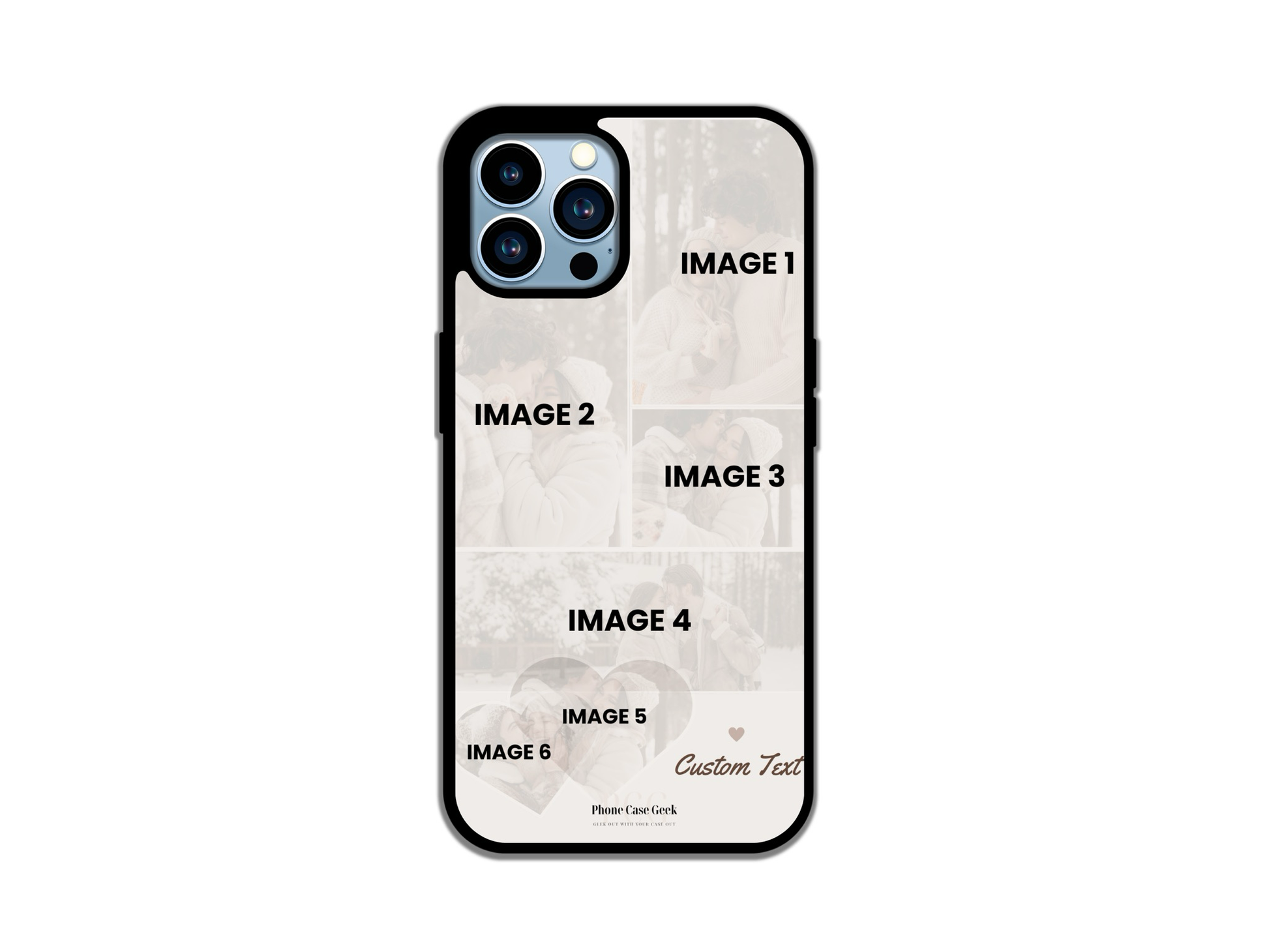 Template layout for a 6-photo collage custom phone case for iPhone with heart design at the bottom, demonstrating photo placement and custom text options.