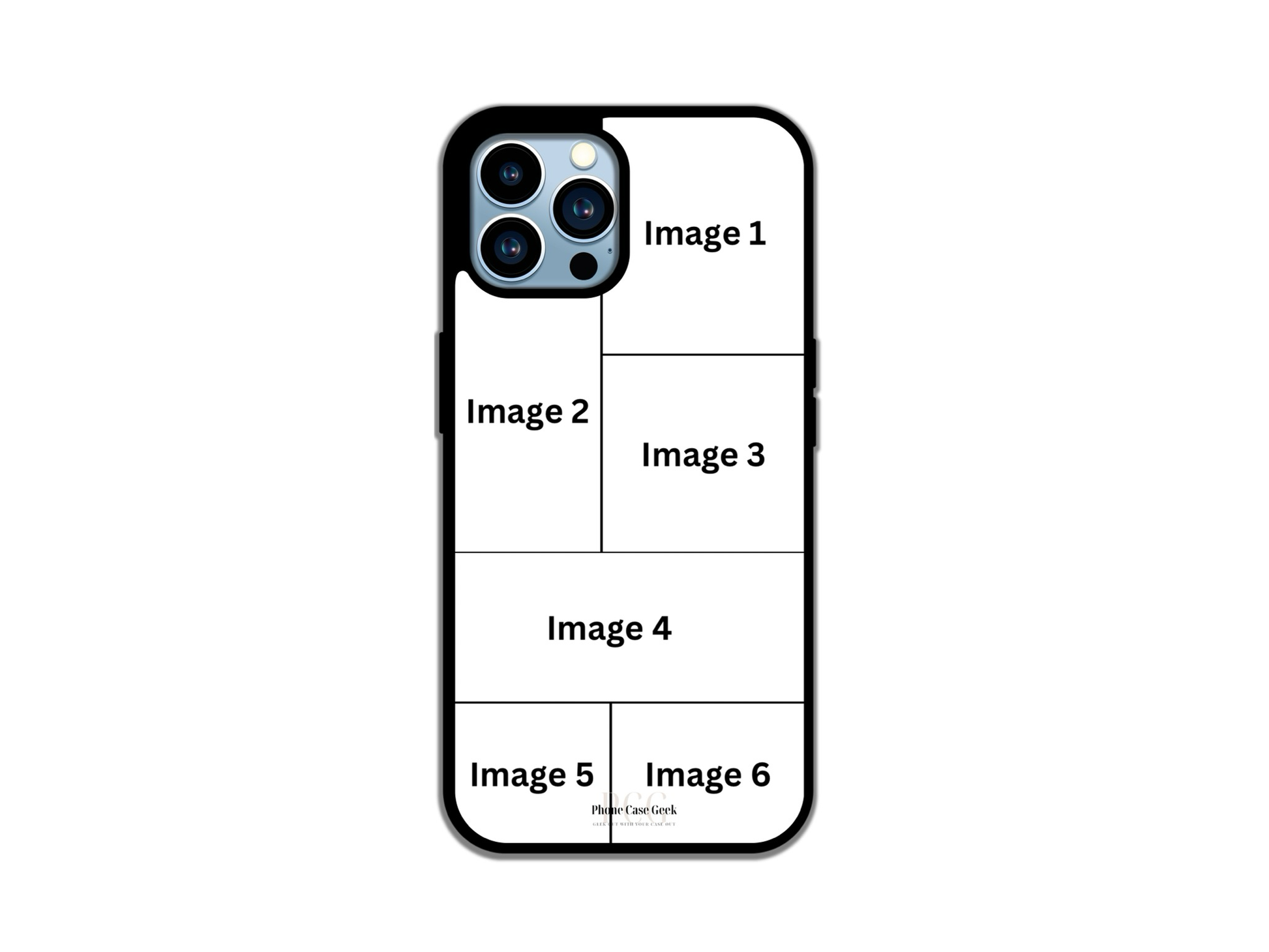 Template layout for a 6 photo collage custom phone case for iPhone, demonstrating design and photo placement options for customization.