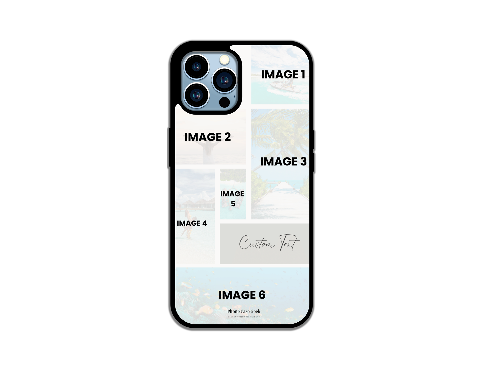 Template layout for a 6-photo collage custom phone case for iPhone, demonstrating photo placement options with customizable text area.