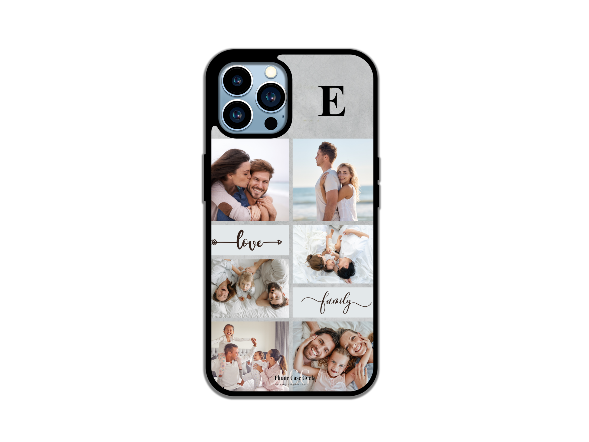 Example of a 6 photo collage & initial custom phone case for iPhone, featuring a family photo with 'Love' and 'Family' text, showcasing personalized design options.