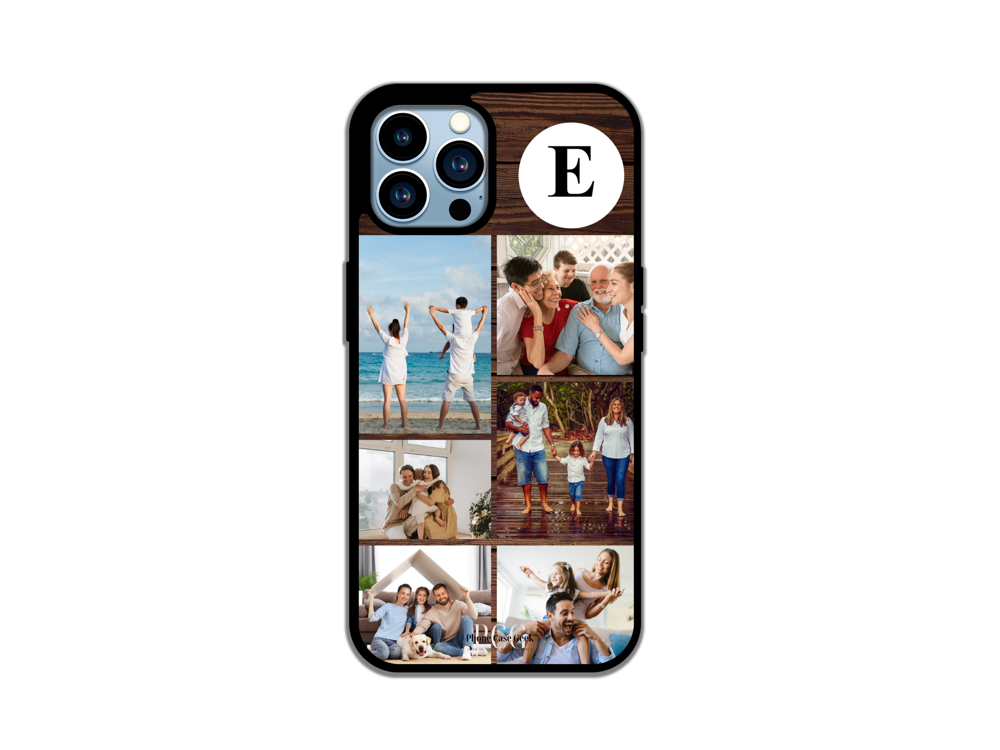 Example of a 6 photo collage & initial custom phone case for iPhone with a wood pattern background, featuring a happy family, highlighting personalized photo arrangements.