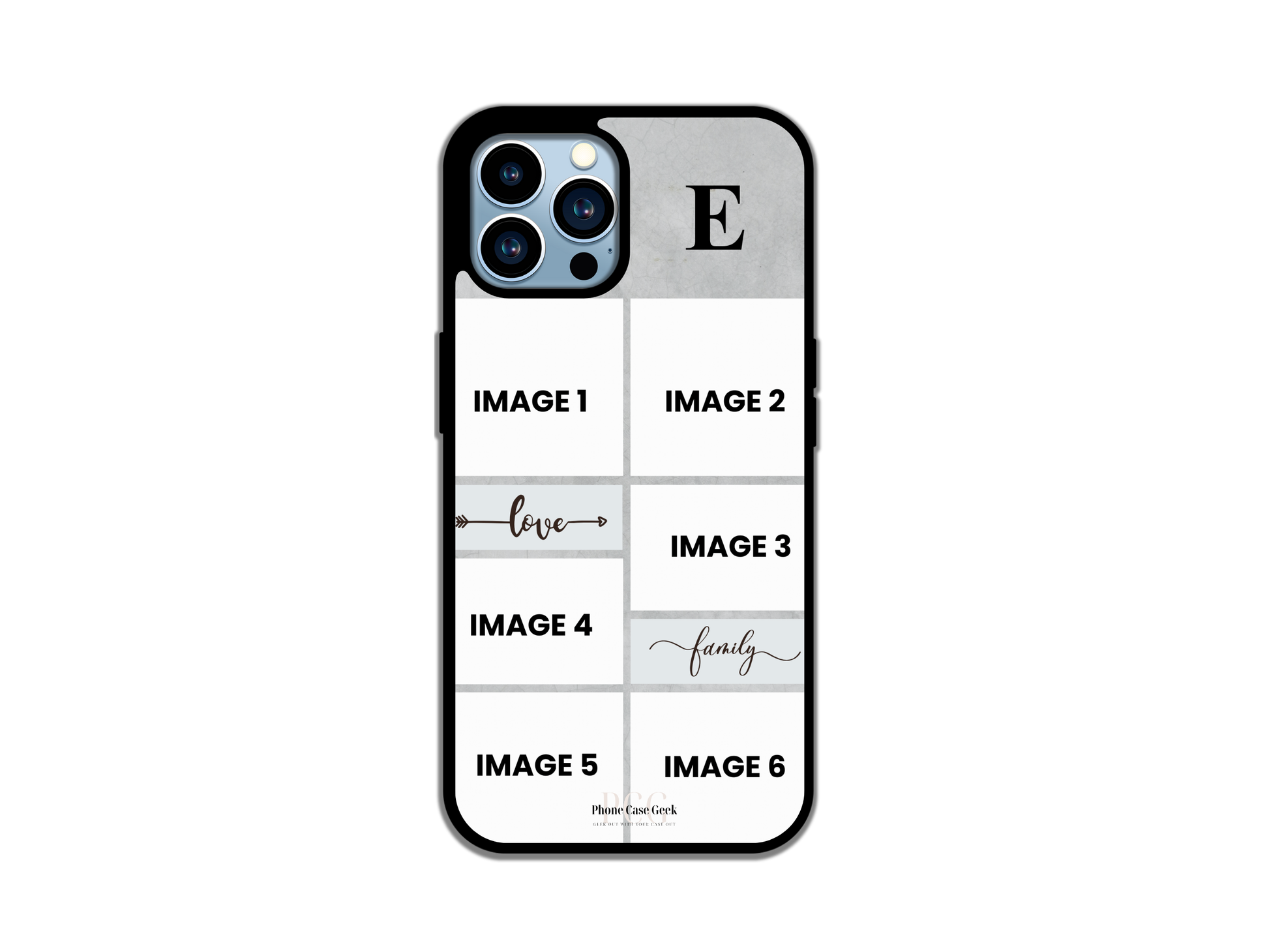 Template layout for a 6 photo collage & initial custom phone case for iPhone, displaying design and photo placement options for customization.