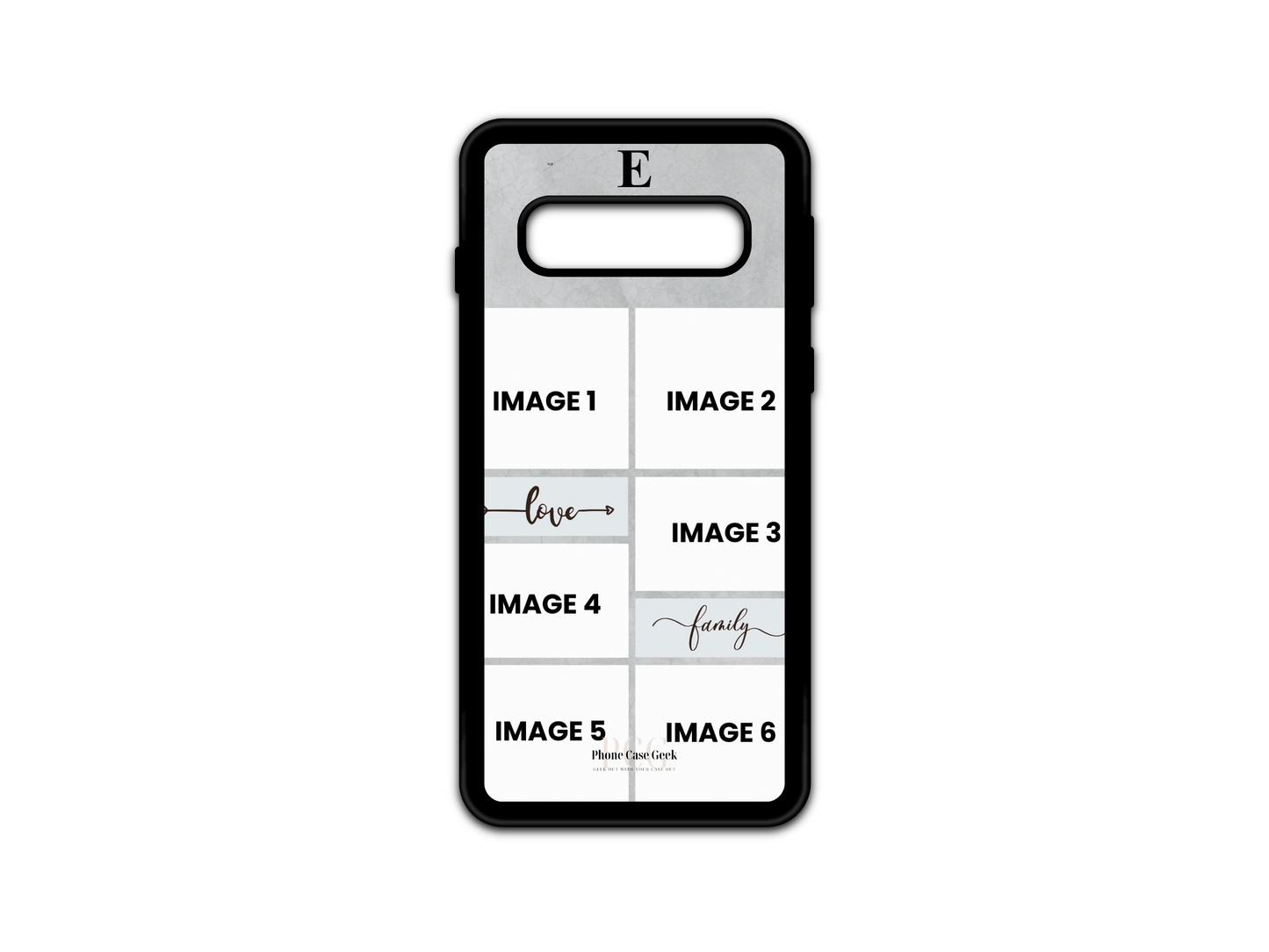 Template image for a 6 Photo Collage & Initial Custom Phone Case for Samsung Galaxy S10. This design includes a wood-patterned background with six customizable photo slots and a space for an initial letter monogram, offering a personalized and meaningful keepsake for your phone case.