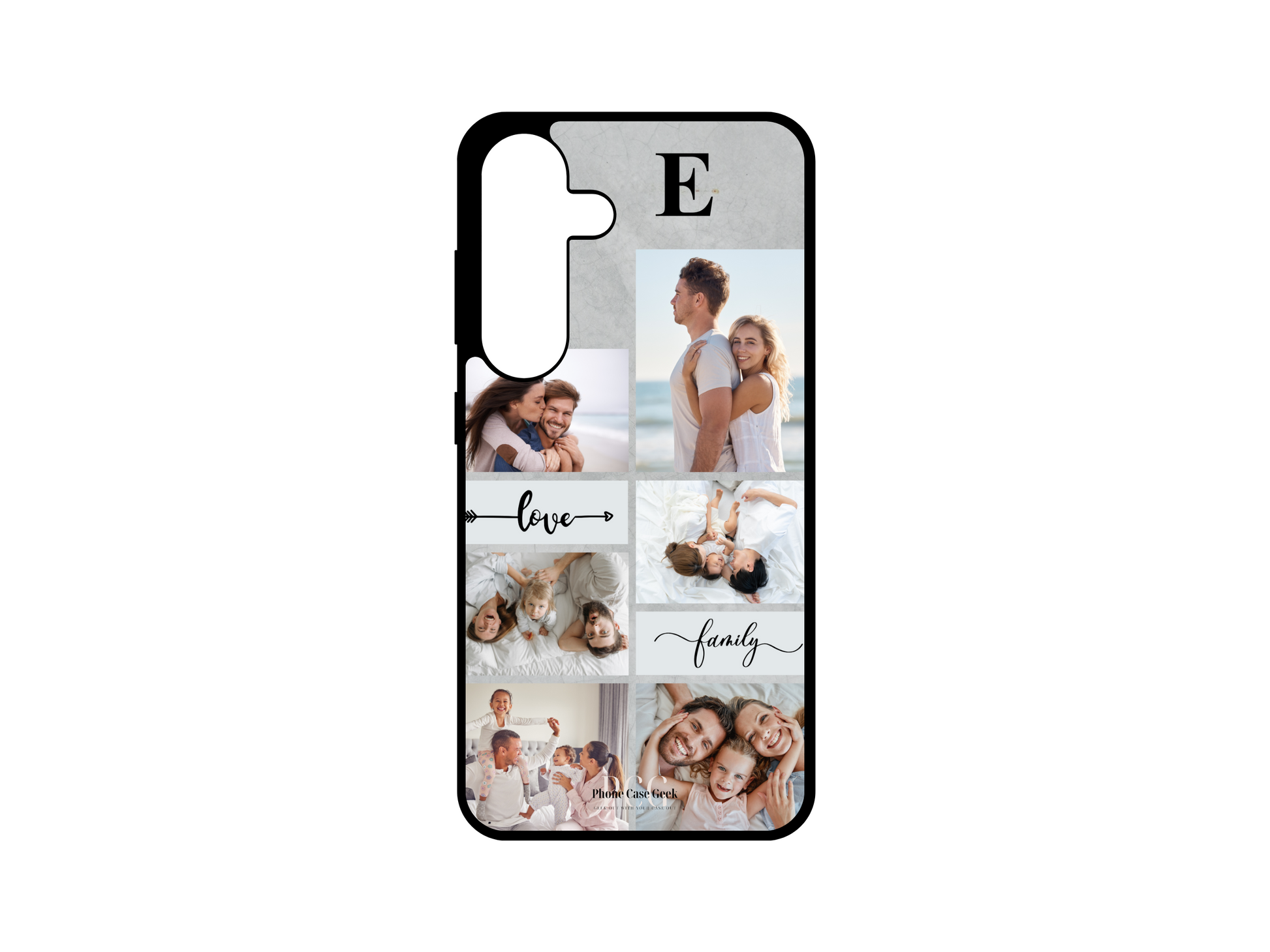 Example image for a 6 Photo Collage & Initial Custom Phone Case for Samsung Galaxy S24, S23, S22, and S21. Shows a wood pattern background with six custom photo spaces featuring a couple and family photos, plus a customizable initial monogram for personalization.