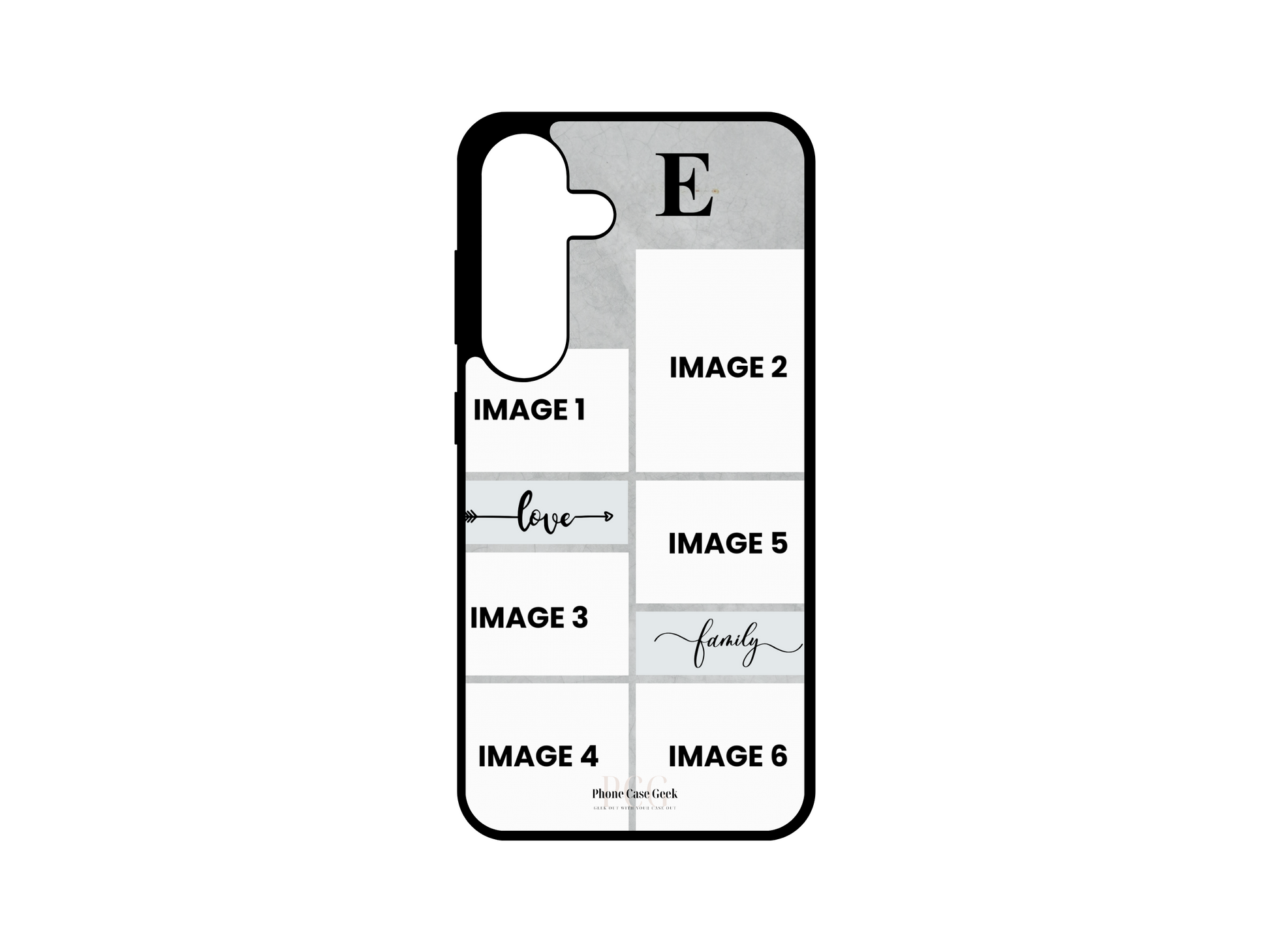 Template image for a 6 Photo Collage & Initial Custom Phone Case for Samsung Galaxy S24, S23, S22, and S21, featuring a customizable wood pattern background with six photo slots for customer-uploaded images and a space for an initial letter monogram. This template is perfect for creating personalized keepsakes.