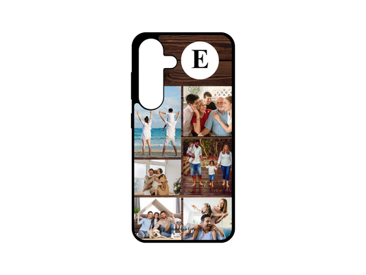 Example of a 6 Photo Collage & Initial Custom Phone Case with Wood Pattern for Samsung Galaxy S24, S23, S22, and S21, featuring a family photo layout and customizable initials for a personalized design.