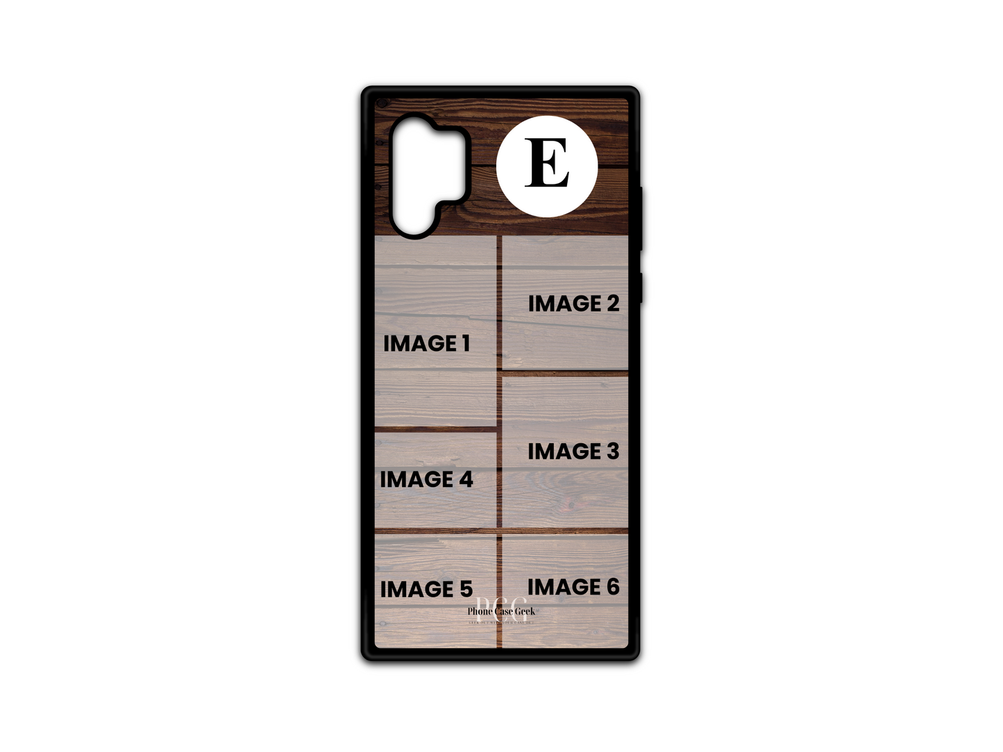 Template image for a 6 Photo Collage & Initial Custom Phone Case for Samsung Galaxy Note10, featuring a wood pattern background with spaces for six custom photos and a customizable initial monogram design.