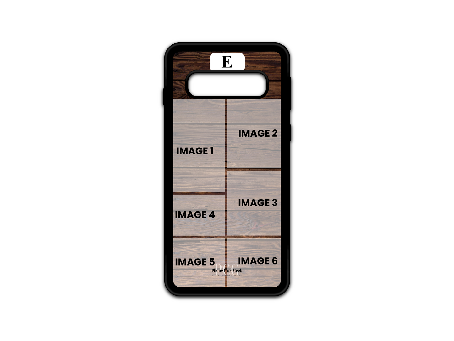 Template image for a 6 Photo Collage & Initial Custom Phone Case for Samsung Galaxy S10, showcasing a wood pattern background with customizable photo spaces and an initial monogram option.