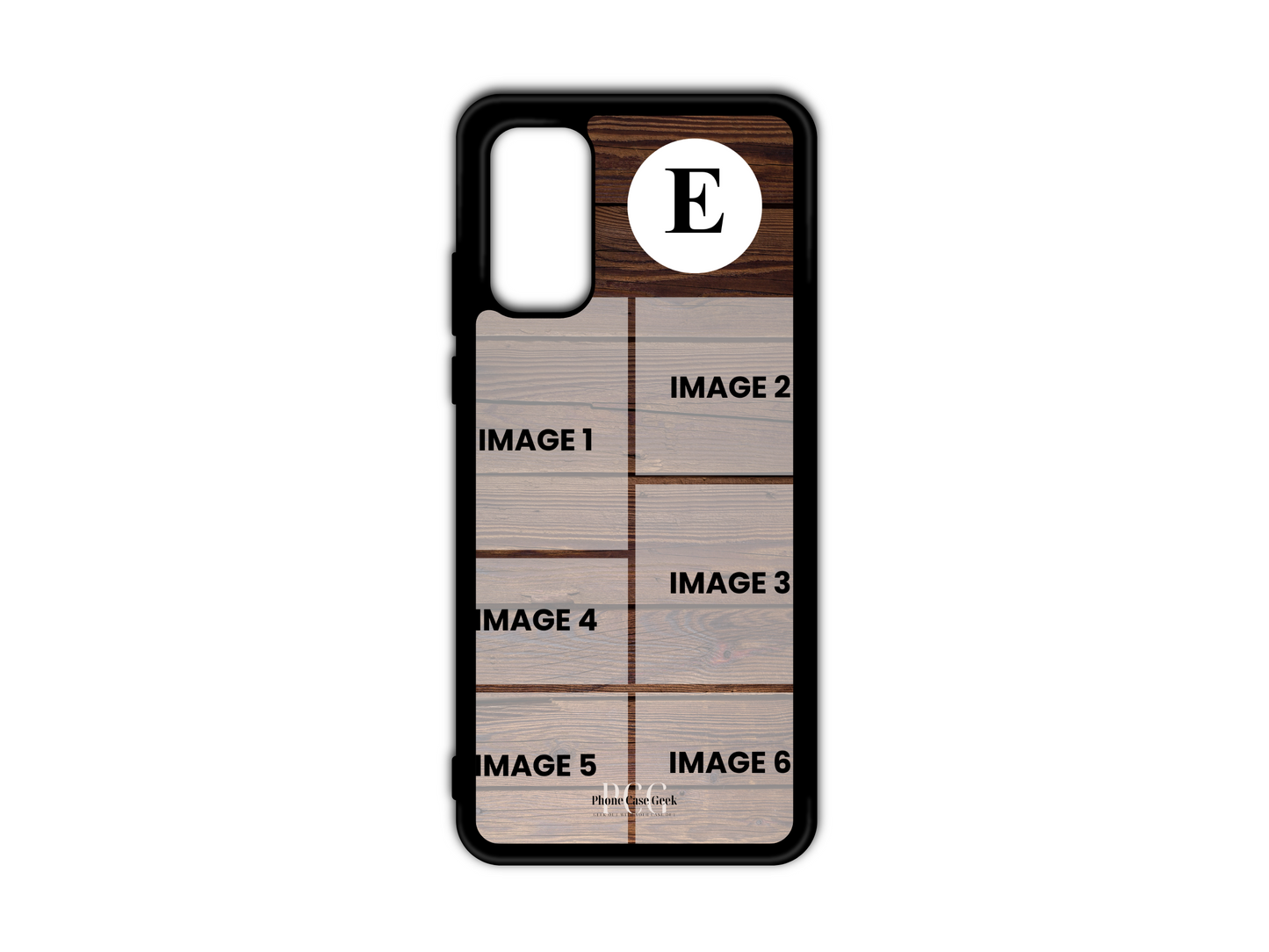 Template image for a 6 Photo Collage & Initial Custom Phone Case for Samsung Galaxy S20, S20 Ultra, and S20 FE, featuring a wood pattern background with spaces for six photos and a customizable initial monogram design.