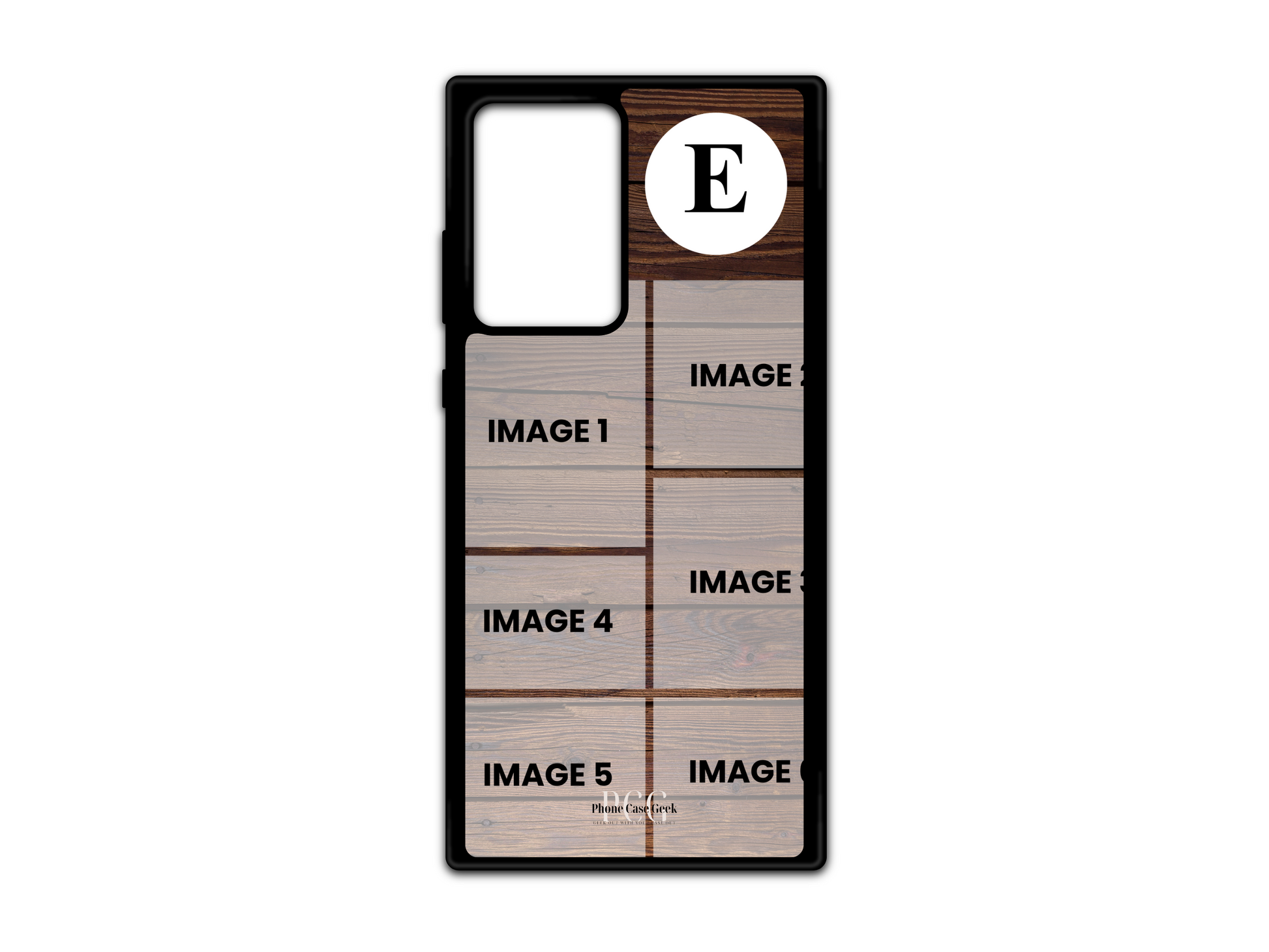 Template image for a 6 Photo Collage & Initial Custom Phone Case for Samsung Galaxy S21 Ultra, Note 20, and Note 20 Ultra, showcasing a wood pattern background with placeholders for six photos and an area for a customizable initial monogram design.