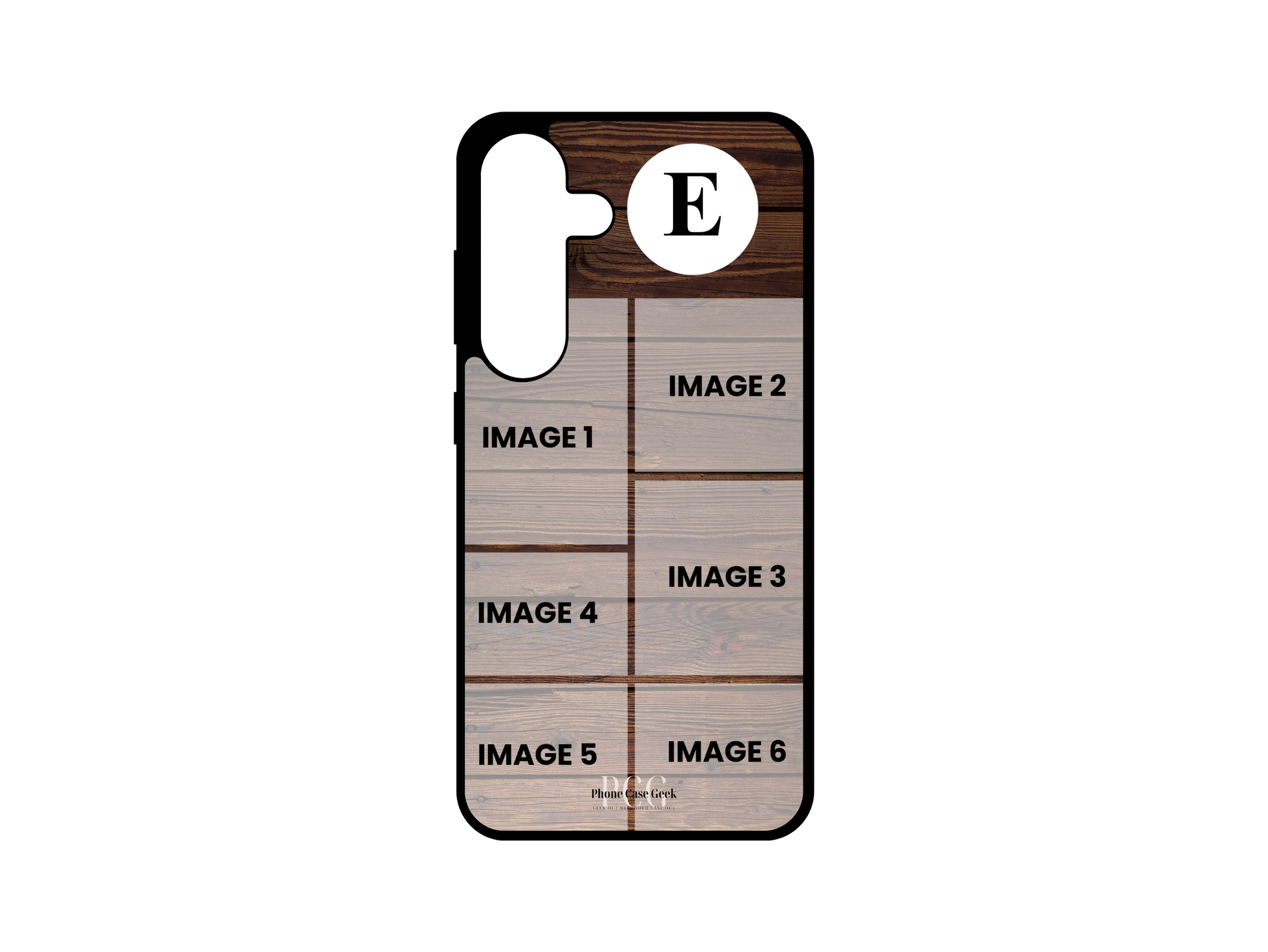 Template image of a 6 Photo Collage & Initial Custom Phone Case for Samsung Galaxy models S24, S23, S22, and S21, with a wood pattern background and designated photo placement areas and initial customization option.