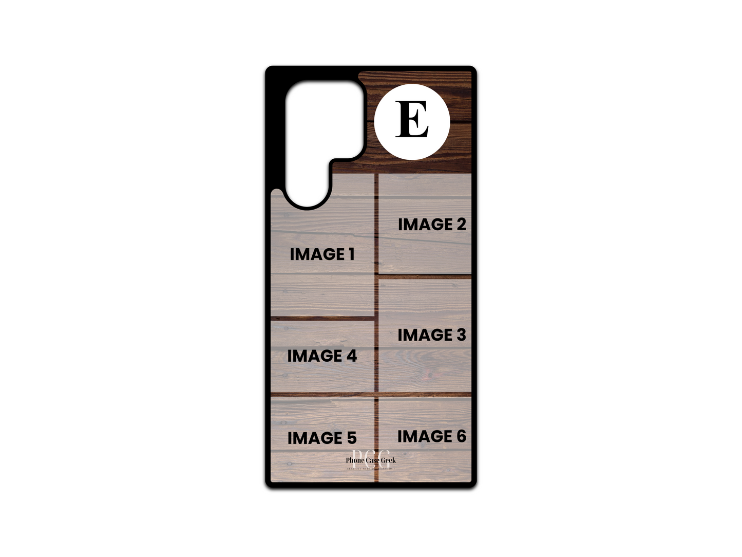 Template image for a 6 Photo Collage & Initial Custom Phone Case for Samsung Galaxy S24 Ultra, S23 Ultra, and S22 Ultra models, featuring a wood pattern background with customizable photo placement areas and an initial monogram option.