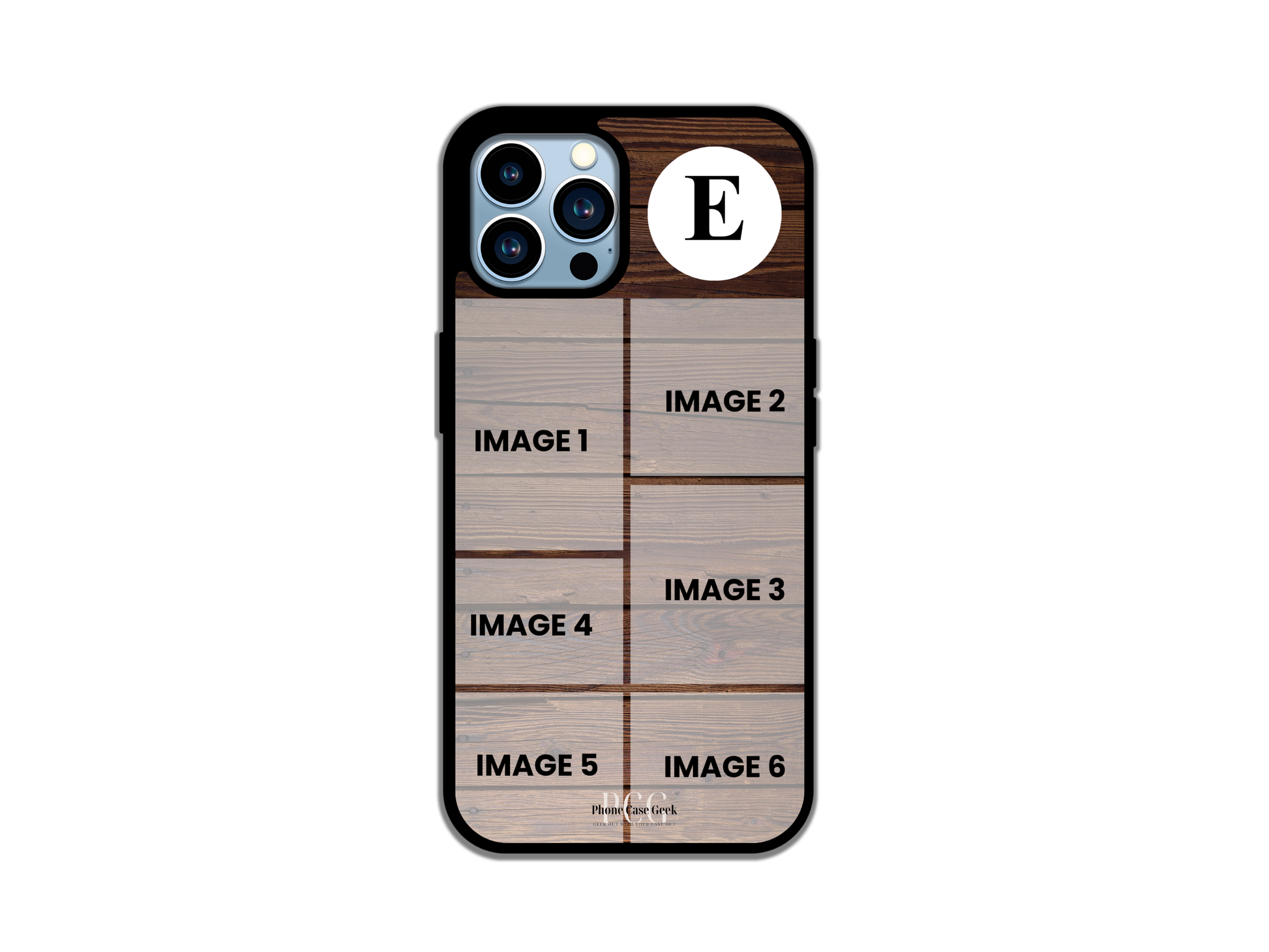 Template layout for a 6 photo collage & initial custom phone case for iPhone – Wood Pattern background, showcasing photo placement options and space for personalization.