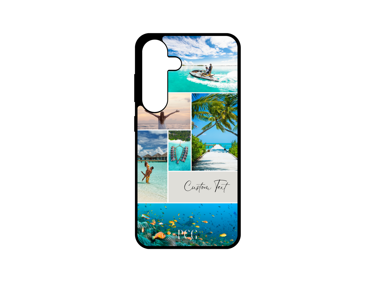 6 Photo Collage & Text Custom Phone Case for Samsung Galaxy S24, S23, S22, S21 with vacation-themed images. Featuring a custom layout for six photos and personalized text, this case captures the essence of your vacation memories, making it a perfect souvenir to cherish every day.