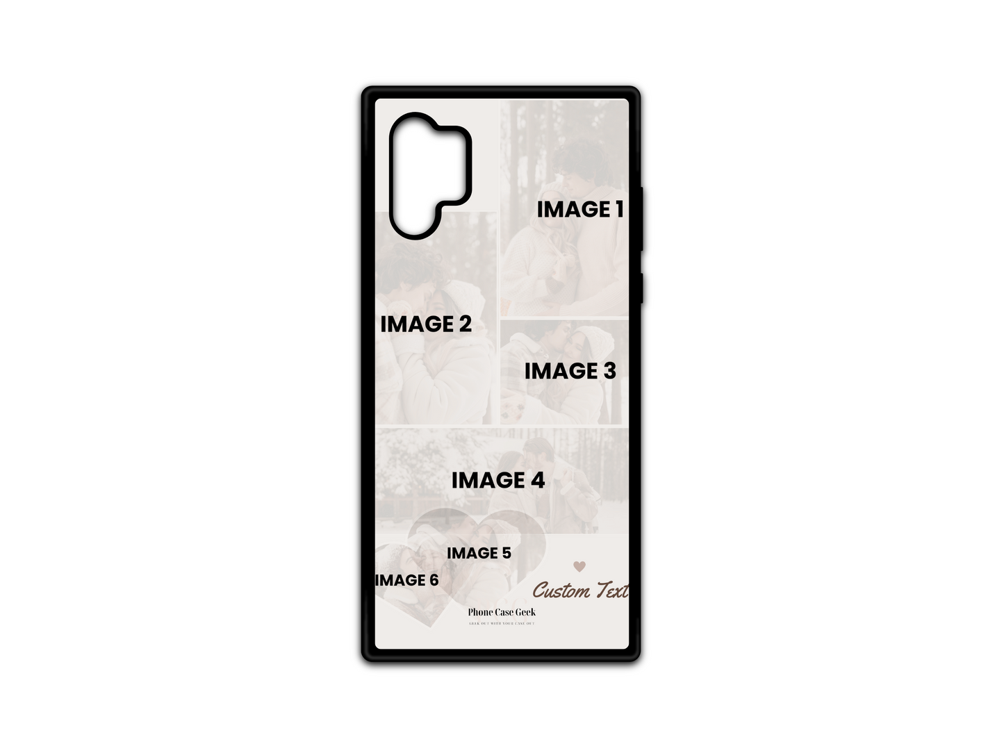 6 Photo Collage & Text Custom Phone Case Template for Samsung Galaxy Note 10 with hearts design. Includes placeholders for six photos and customizable text, perfect for creating a personalized, love-themed phone case.