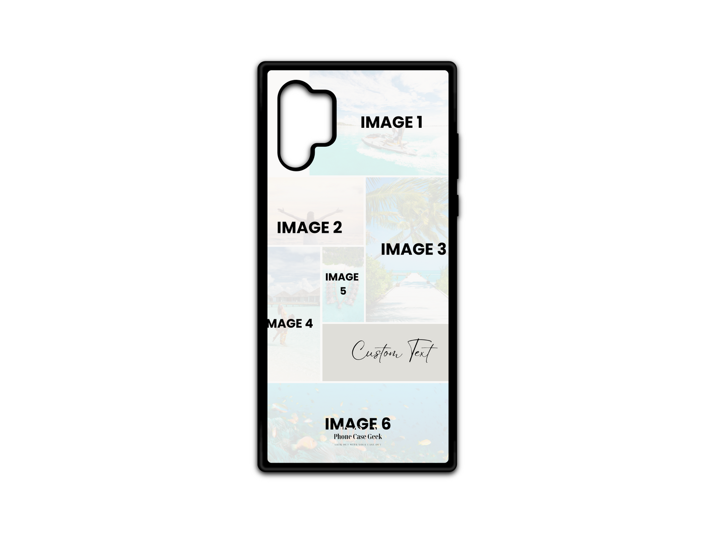 Template for a 6 Photo Collage & Text Custom Phone Case for Samsung Galaxy Note 10. The design includes six photo placeholders and space for custom text, allowing users to create a personalized phone case with multiple photos and a custom message.