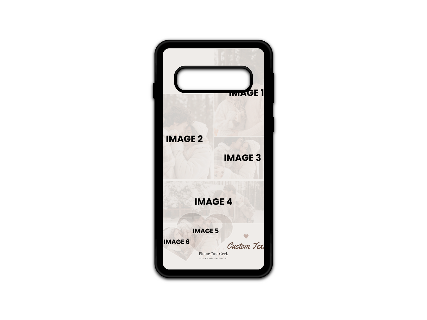 6 Photo Collage & Text Custom Phone Case Template for Samsung Galaxy S10 with hearts design. The template includes six photo placeholders and custom text space, ideal for creating personalized phone cases with a loving and memorable theme.