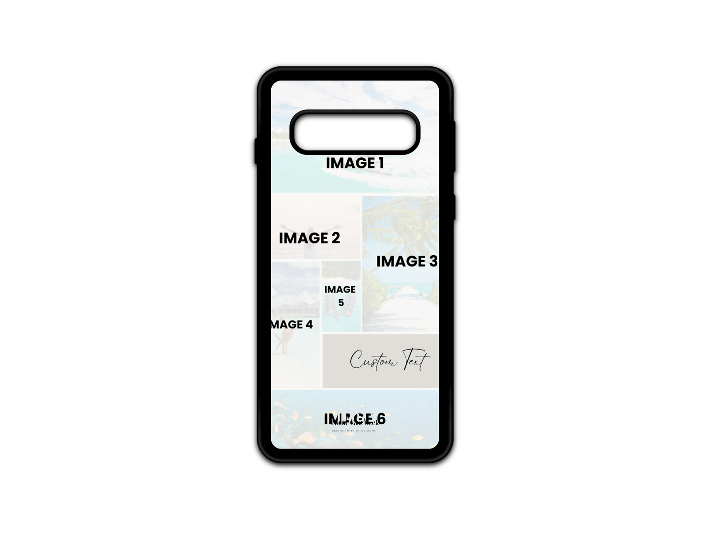 Template for a 6 Photo Collage & Text Custom Phone Case for Samsung Galaxy S10, featuring six photo placeholders and space for custom text. Personalize this case with your favorite memories and a custom message for a unique design.