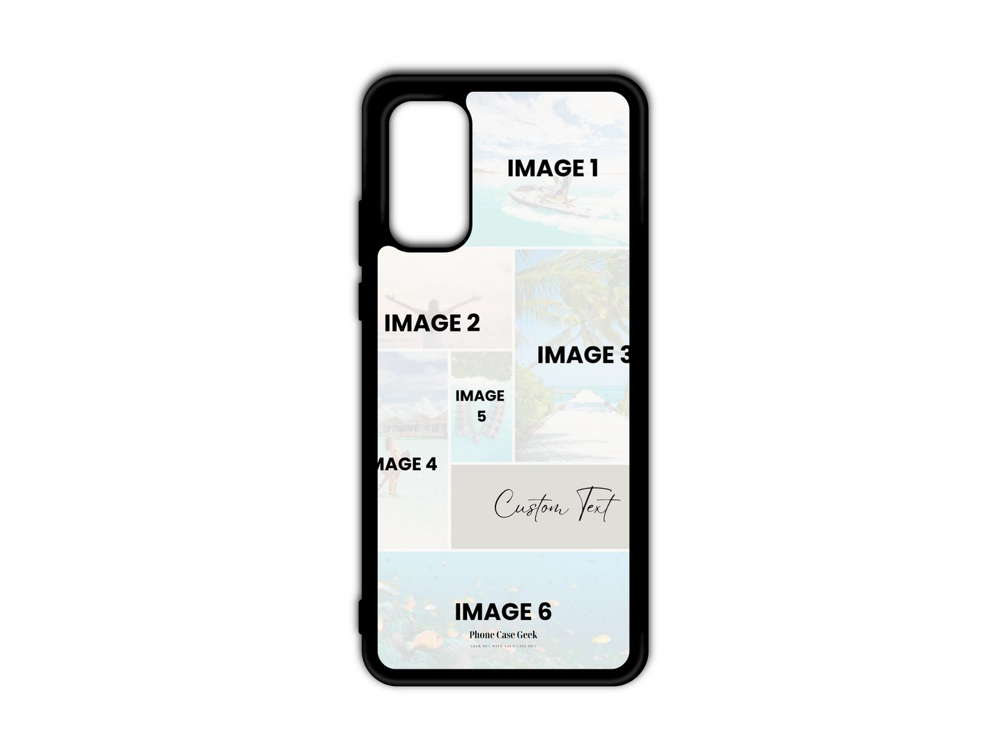 Template for a 6 Photo Collage & Text Custom Phone Case for Samsung Galaxy S20, S20 Ultra, and S20 FE. The design features six photo placeholders with space for custom text, perfect for adding personal memories and messages to your phone case.