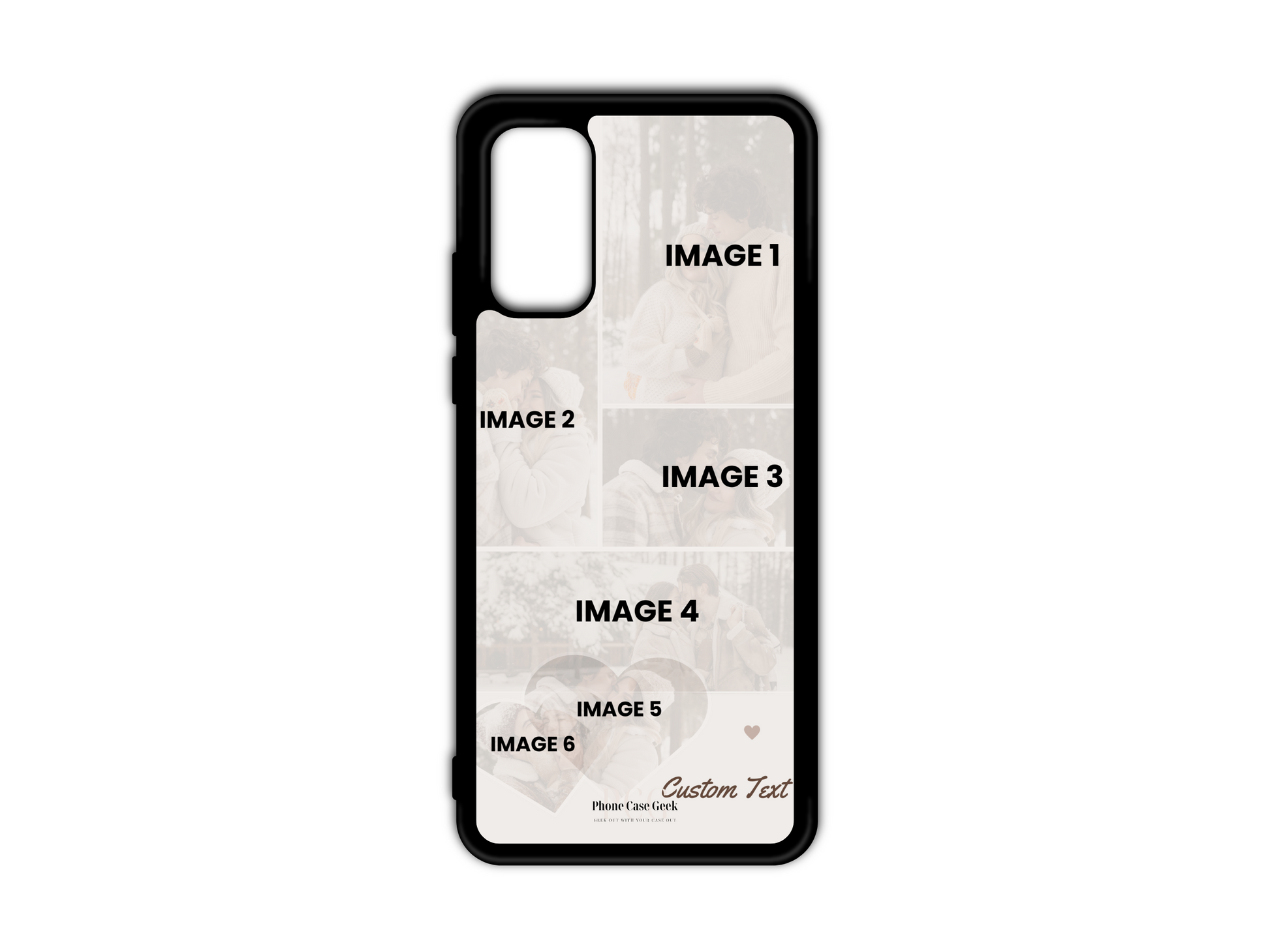 6 Photo Collage & Text Custom Phone Case Template for Samsung Galaxy S20, S20 Ultra, and S20 FE with hearts design. Includes six photo placeholders and space for custom text, ideal for creating personalized, love-themed phone cases.