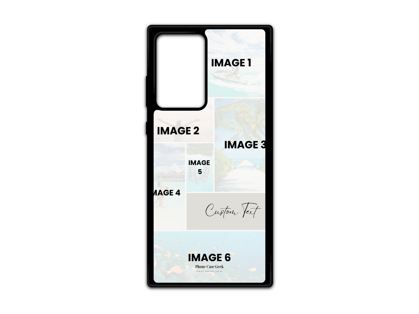 Template for a 6 Photo Collage & Text Custom Phone Case for Samsung Galaxy S21 Ultra, Note 20, and Note 20 Ultra. The design includes six photo placeholders and space for custom text, allowing users to create a personalized phone case with multiple photos and a custom message.