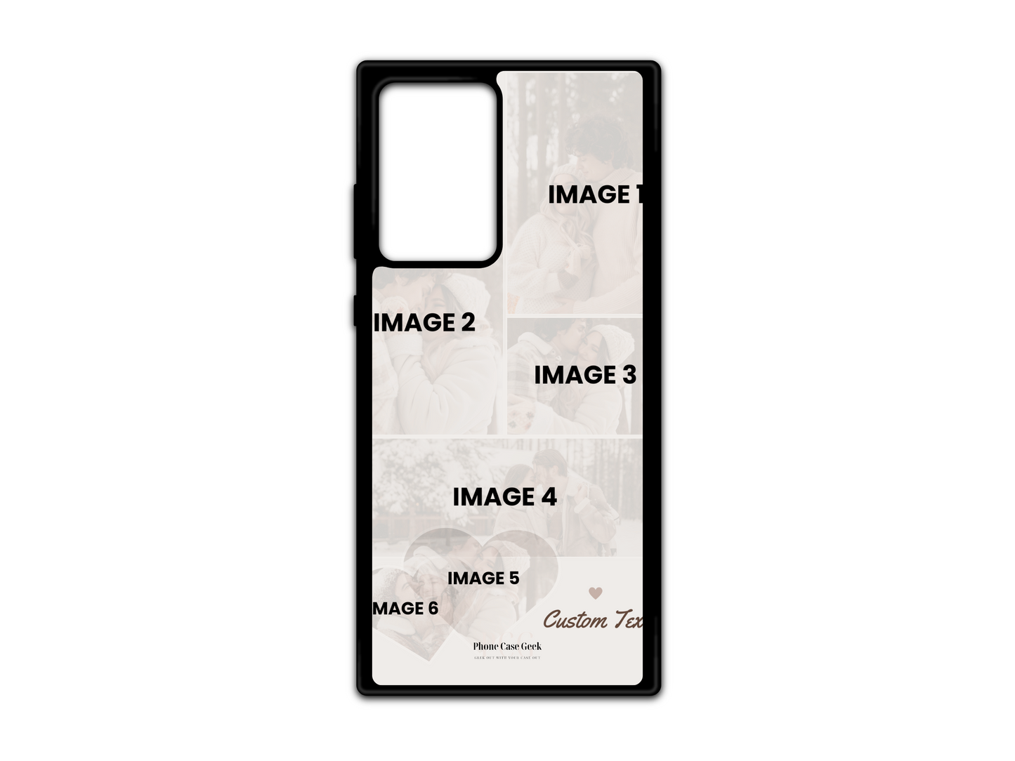 6 Photo Collage & Text Custom Phone Case Template for Samsung Galaxy S21 Ultra, Note 20, and Note 20 Ultra with hearts design. Includes placeholders for six photos and customizable text, perfect for creating a personalized, love-themed phone case.