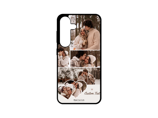 6 Photo Collage & Text Custom Phone Case for Samsung Galaxy S24, S23, S22, S21 with a heart-themed design and images of a couple. The phone case features six photo placeholders and space for custom text, ideal for capturing cherished moments with a personal touch.