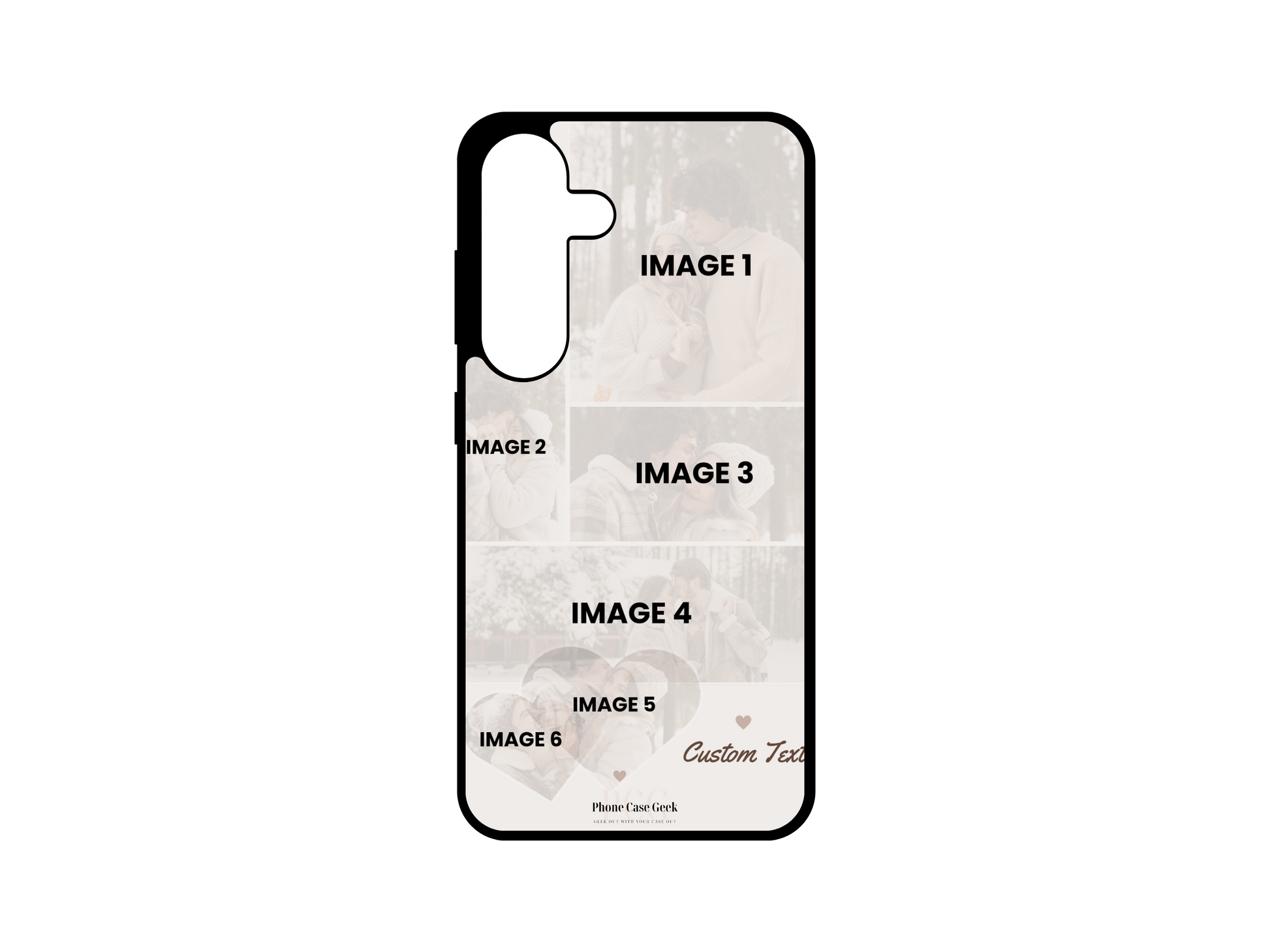 6 Photo Collage & Text Custom Phone Case Template for Samsung Galaxy S24, S23, S22, S21 with hearts design. The template includes six photo placeholders and space for custom text, ideal for creating a personalized phone case for cherished moments.