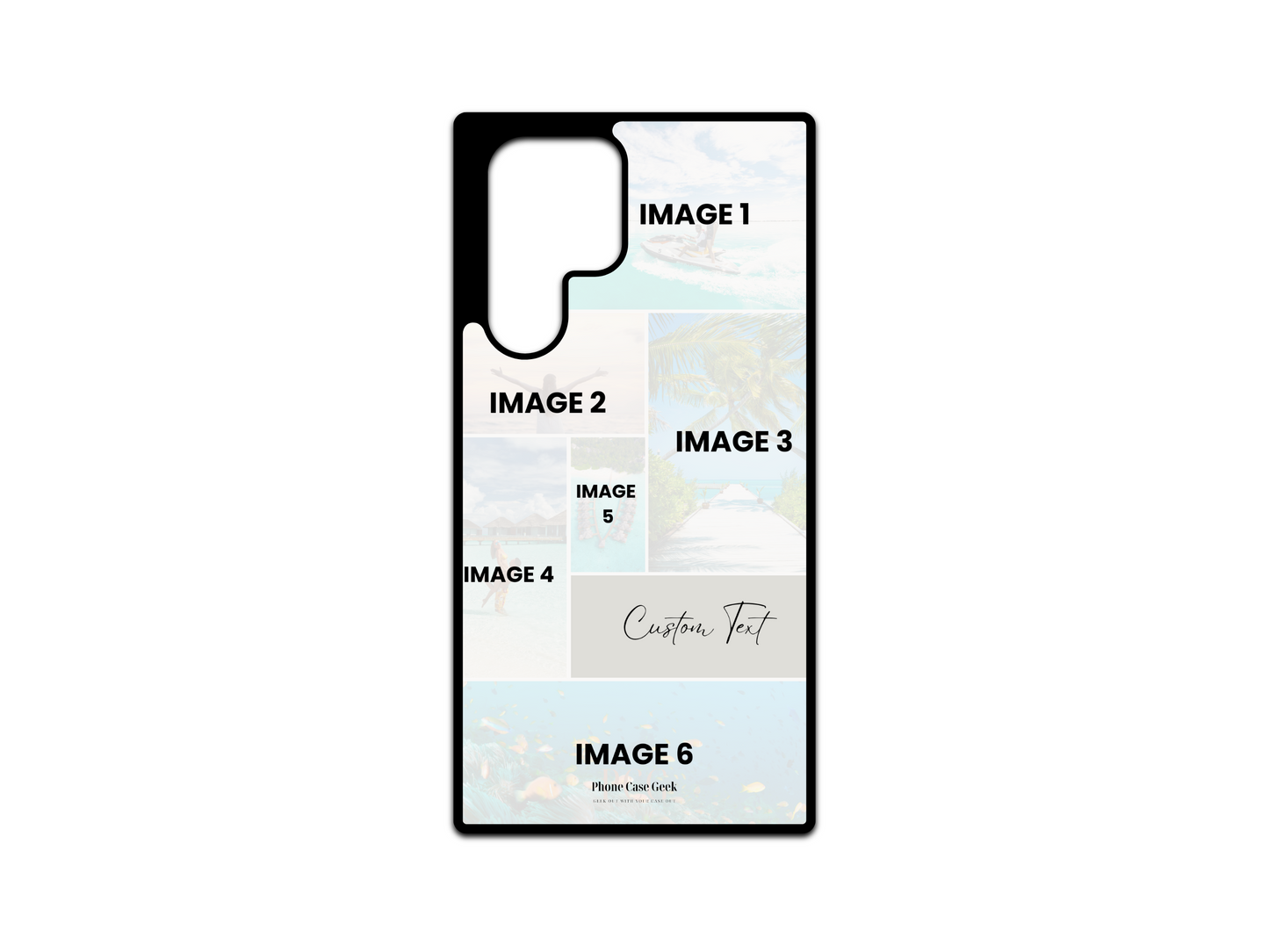 Template for a 6 Photo Collage & Text Custom Phone Case for Samsung Galaxy S24 Ultra, S23 Ultra, S22 Ultra, featuring six photo placeholders and space for custom text. Personalize this case with your favorite memories and a special message for a one-of-a-kind design.